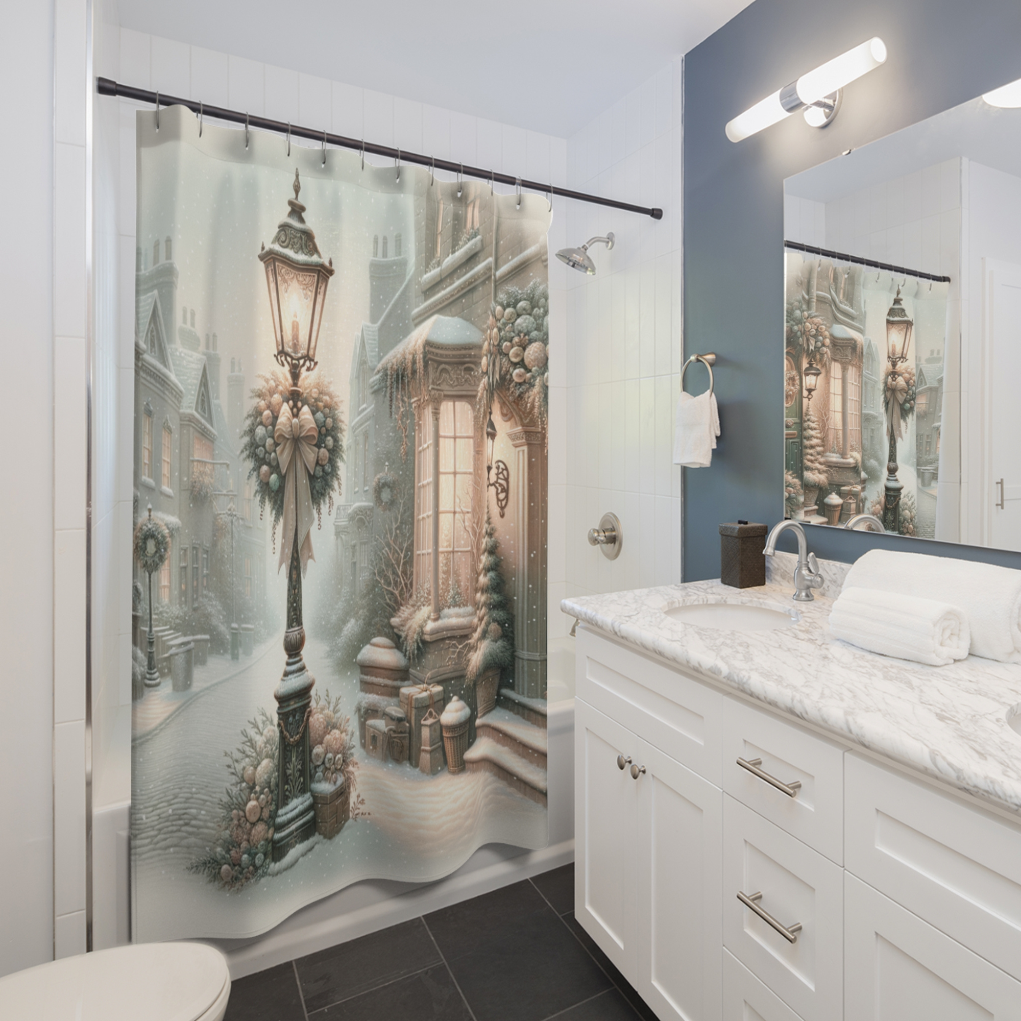 Victorian Christmas Street Scene – Elegant Holiday Shower Curtain