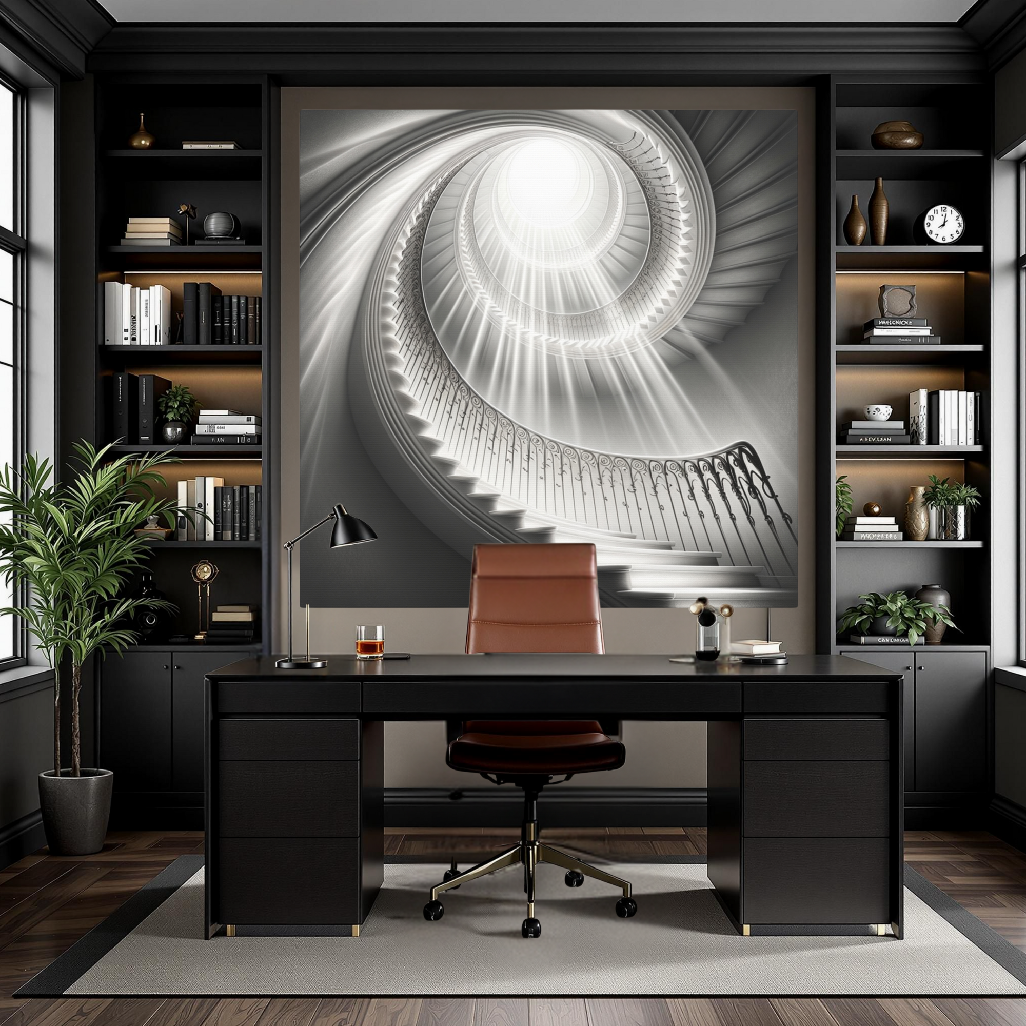 Spiral Staircase to Light – Elegant Black and White Wall Art