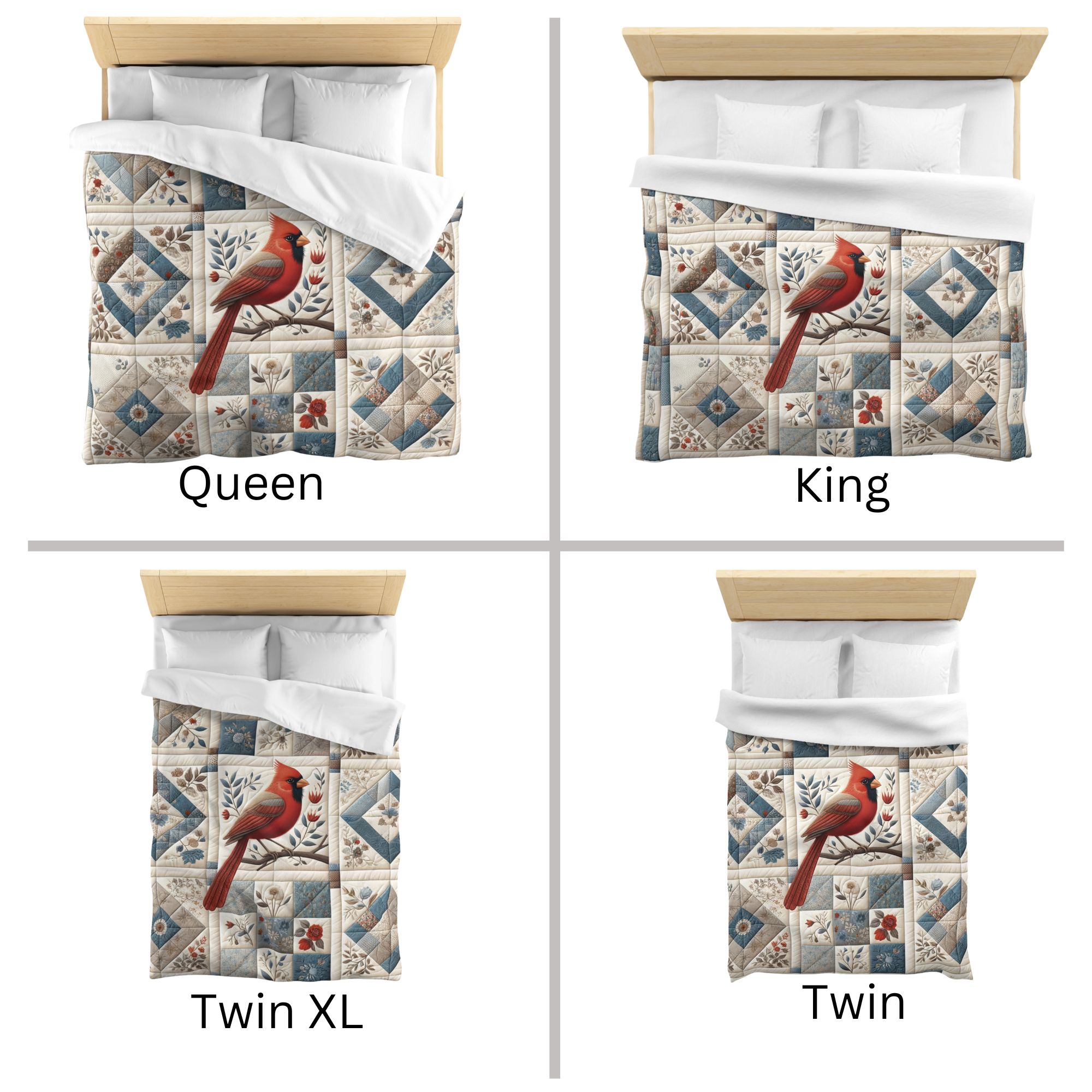 Cardinal in Blue Floral Patchwork – Cardinal Quilt Duvet Cover