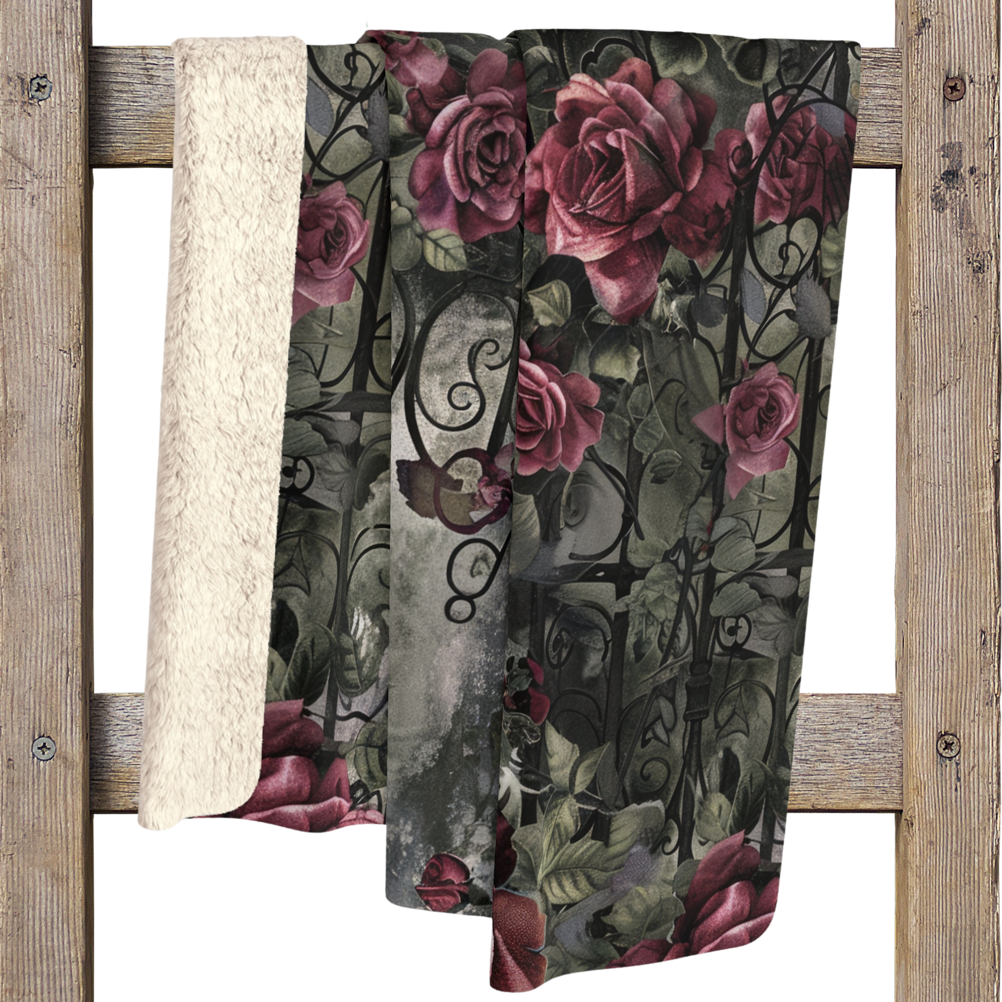 Victorian Roses With Ironwork – Gothic Sherpa Blanket