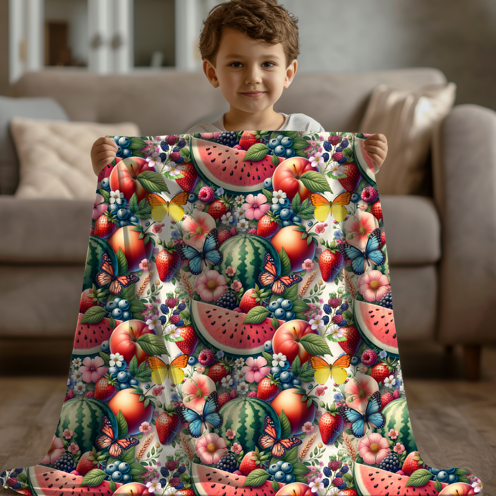 Summer Fruit Garden – Butterfly & Berry Velveteen Blanket