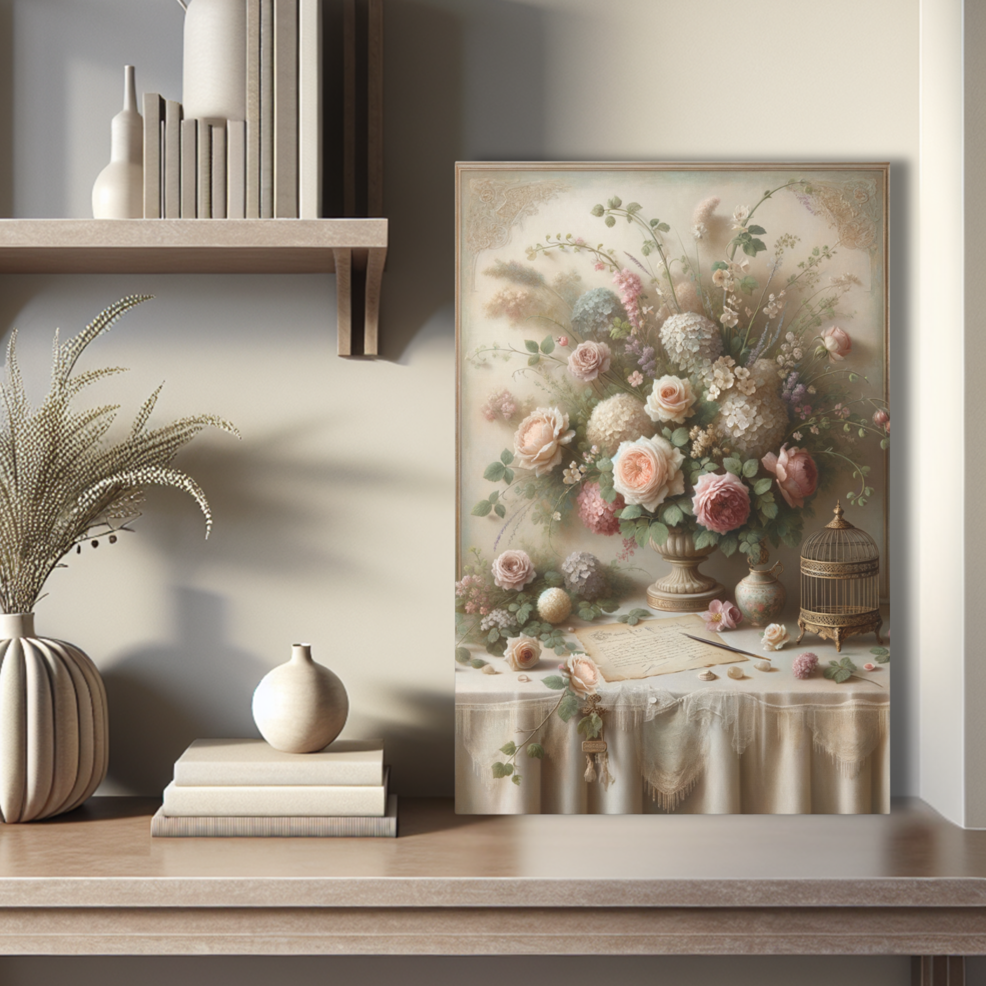 Vintage Floral Table Scene Wall Art – Romantic Victorian Flower Arrangement Print