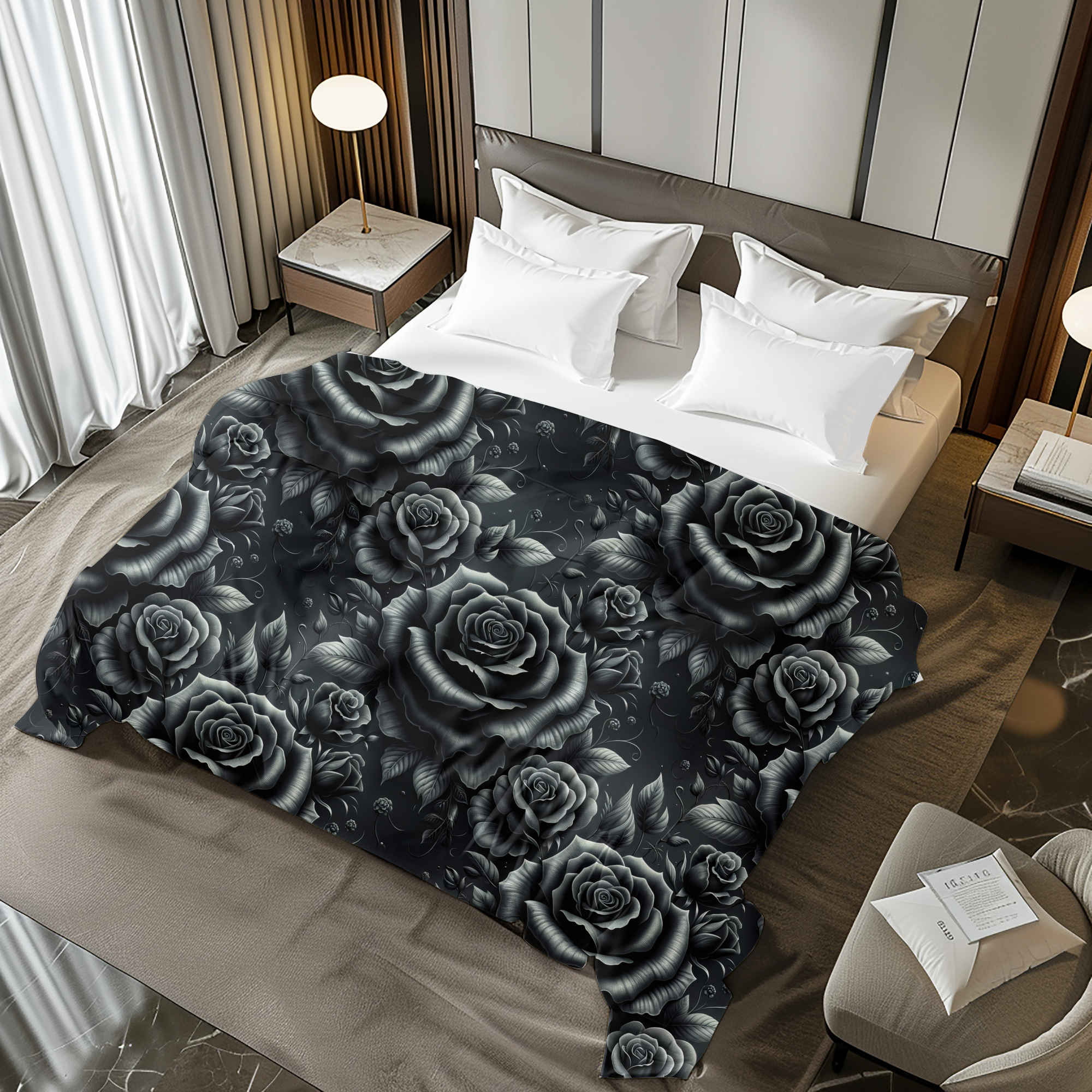 Midnight Black Rose Duvet – Gothic Floral Bedroom Decor