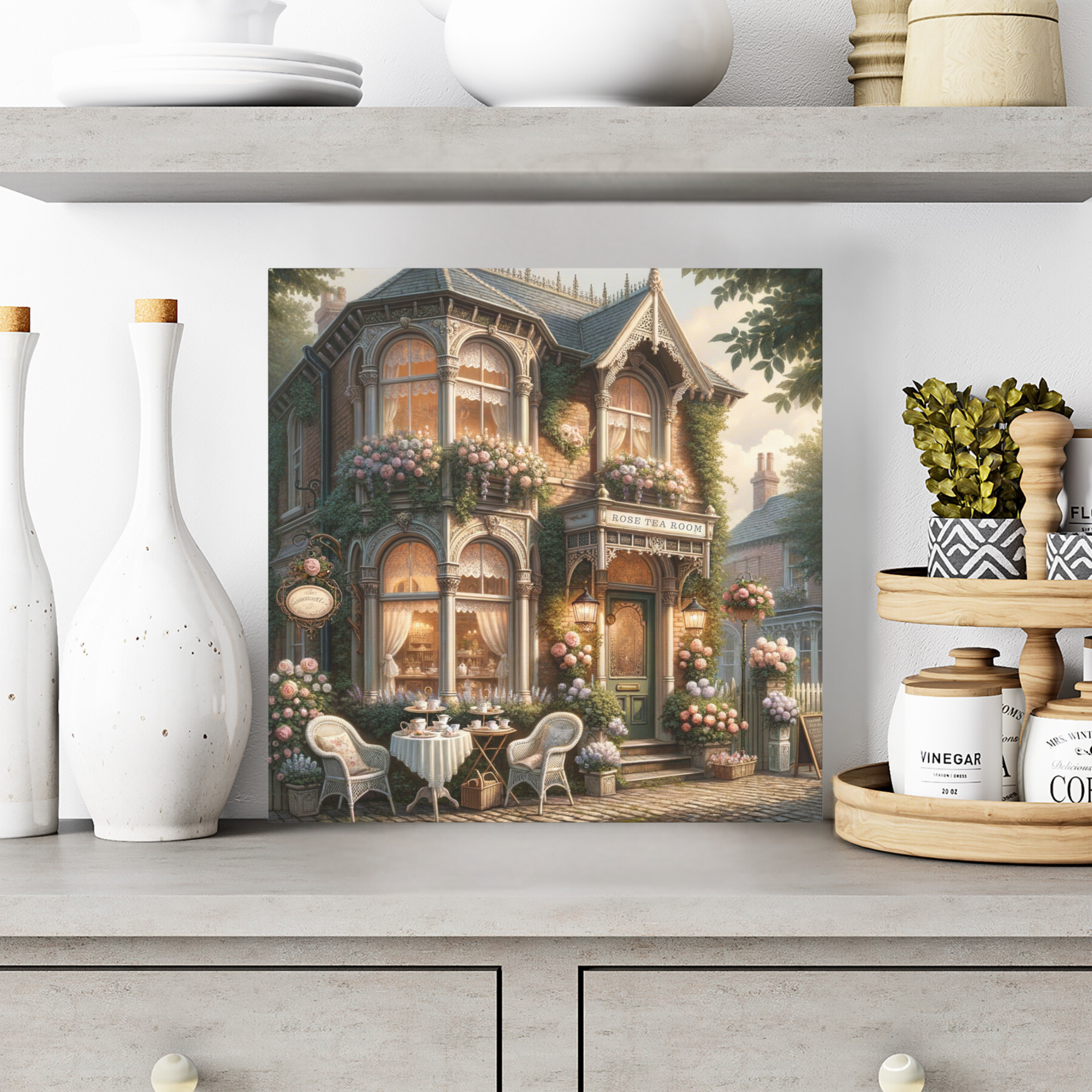 Victorian Tea Room With Roses and Lace – Elegant Vintage Wall Art
