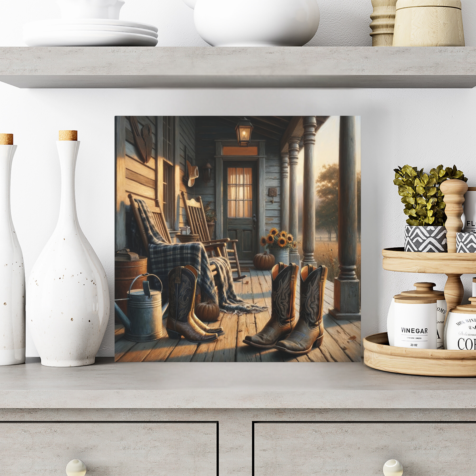 Rustic Farmhouse Porch With Cowboy Boots – Country Front Porch Wall Art