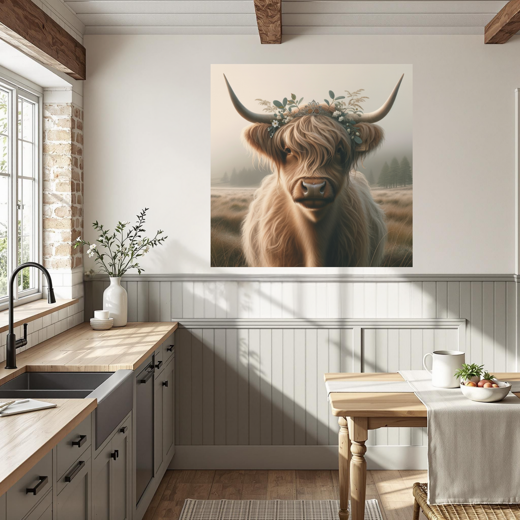 Highland Cow With Tiara in Misty Field – Farmhouse Cow Wall Art