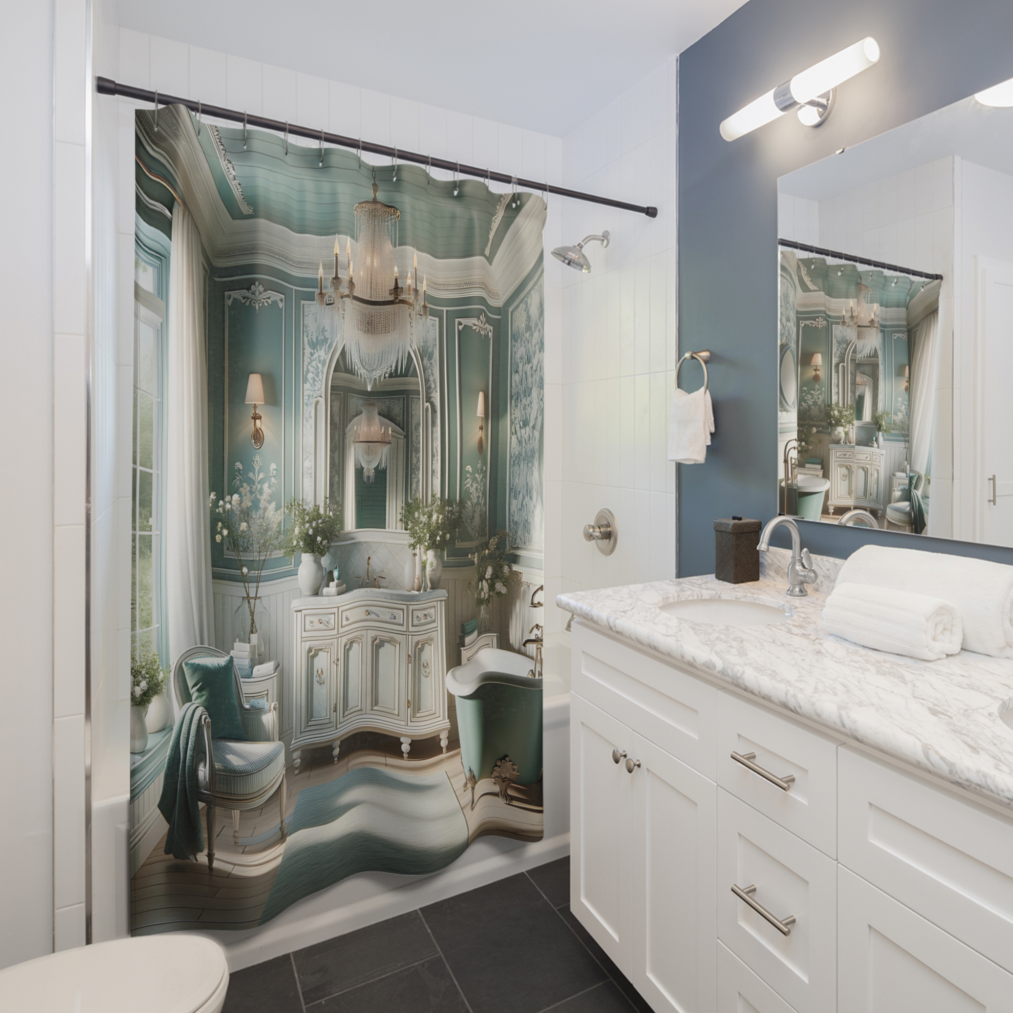Teal French Country Bathroom – Elegant Vintage Shower Curtain