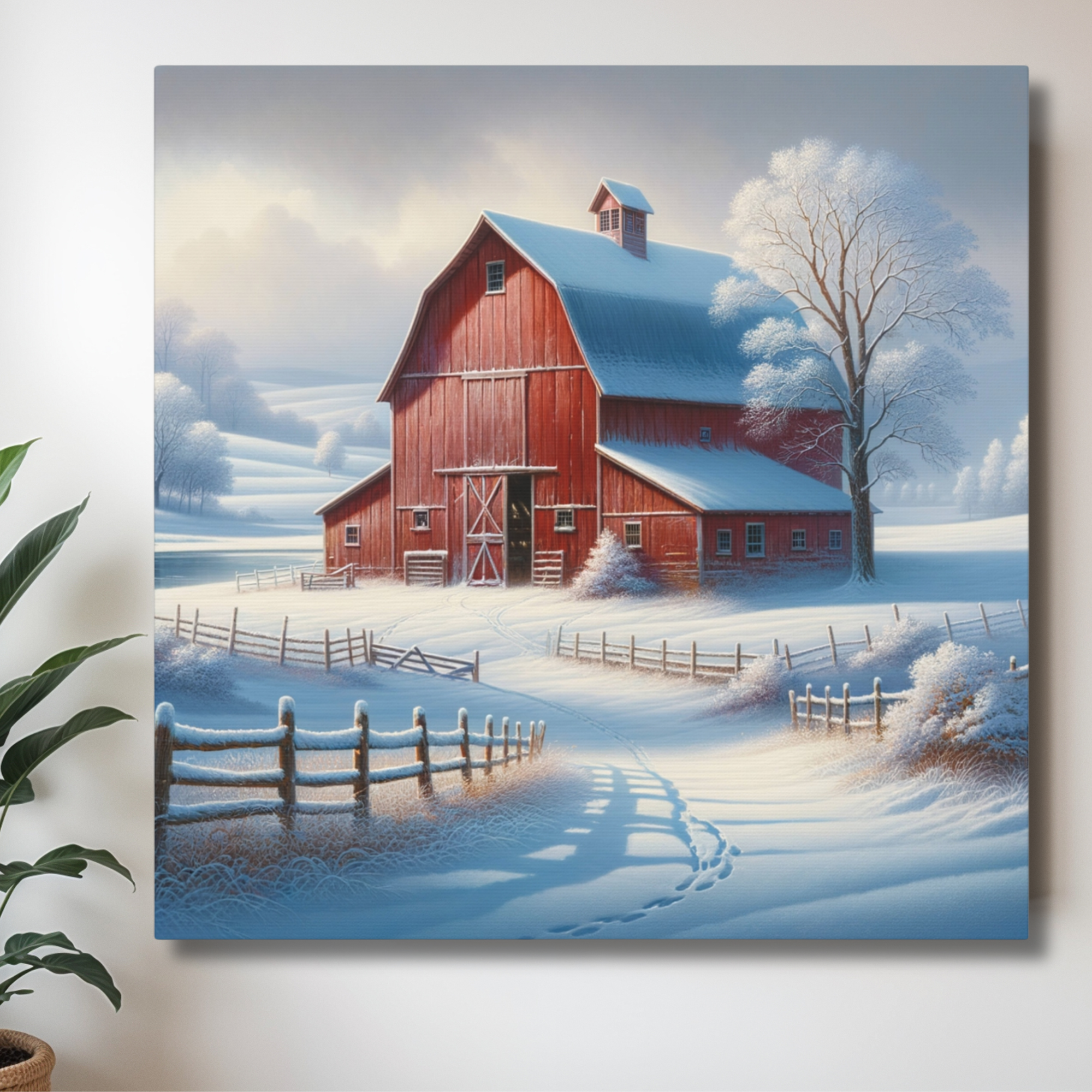 Red Barn Wall Art – Winter Farmhouse Snow Scene Canvas