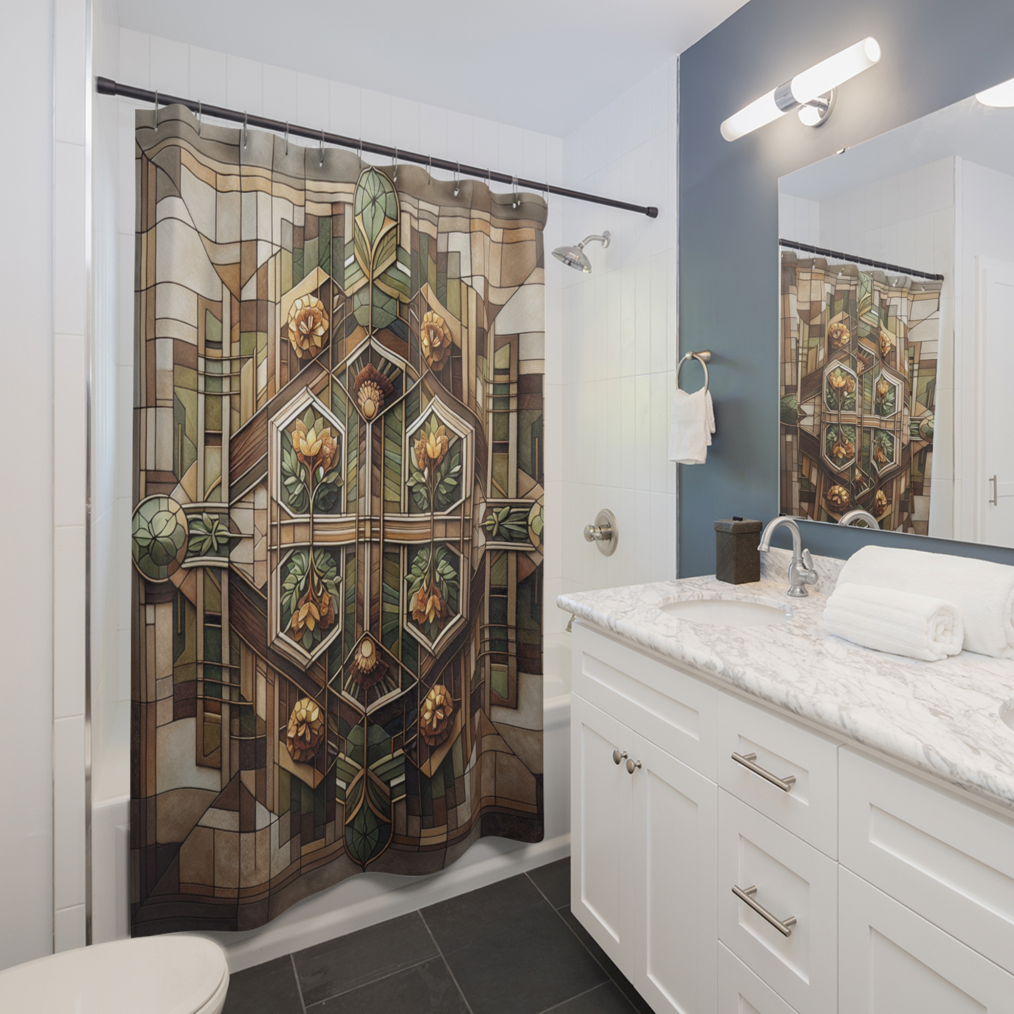 Art Deco Floral Shower Curtain – Geometric Green Gold