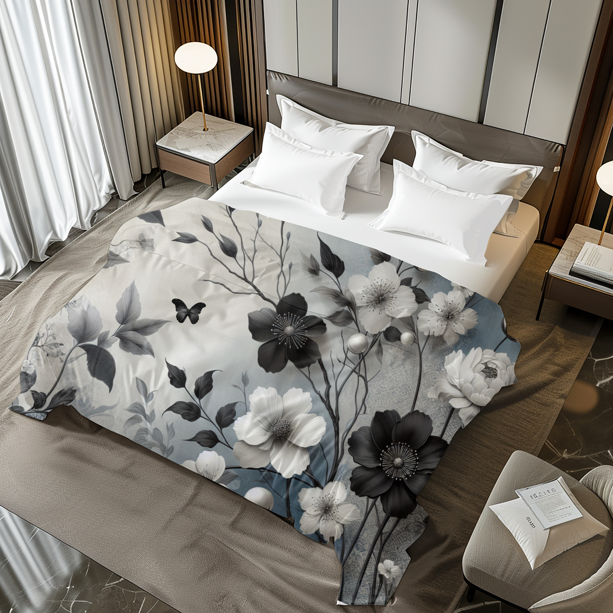 Vintage Black and White Floral Duvet – Elegant Grayscale Bedding