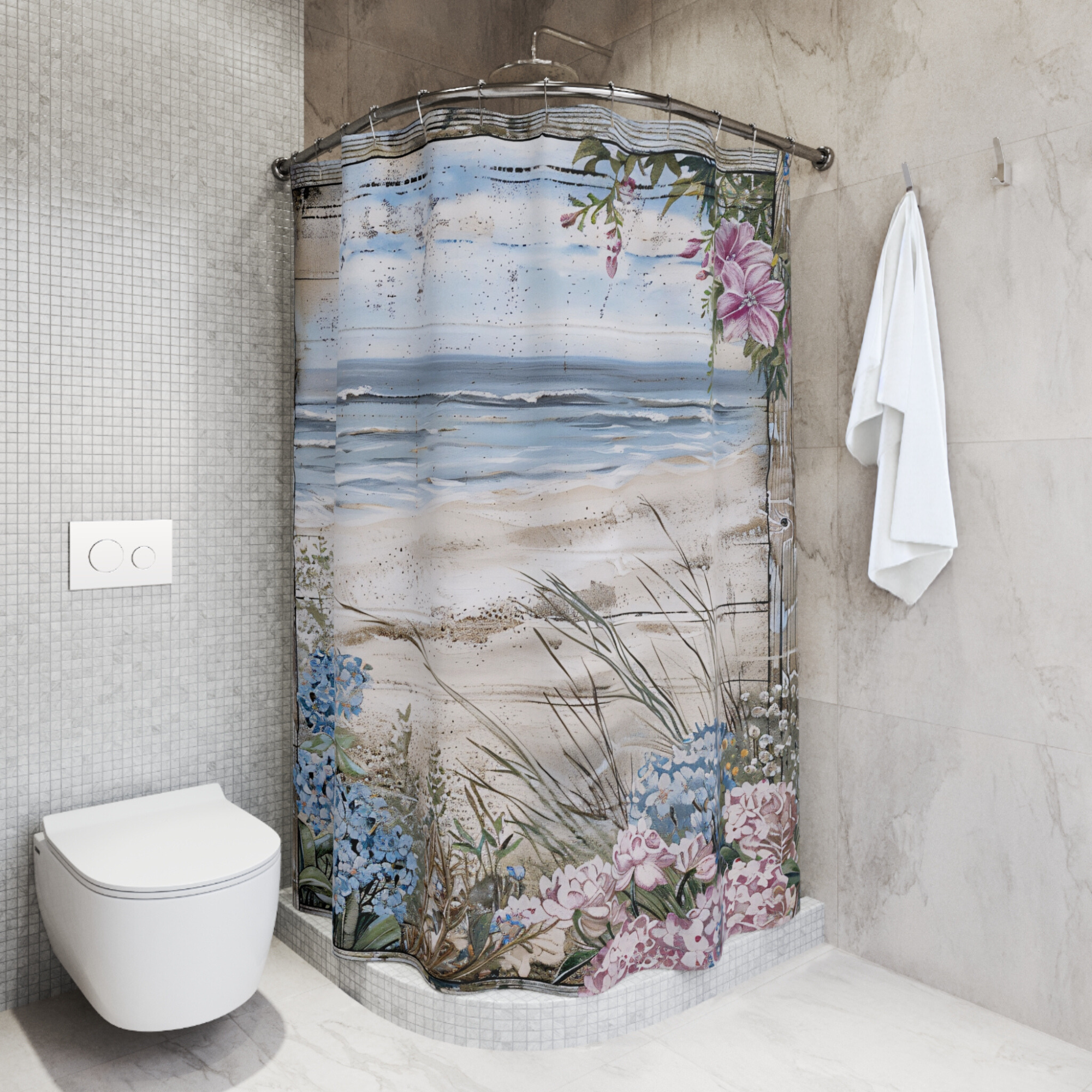 Coastal Garden View – Elegant Beach Cottage Shower Curtain
