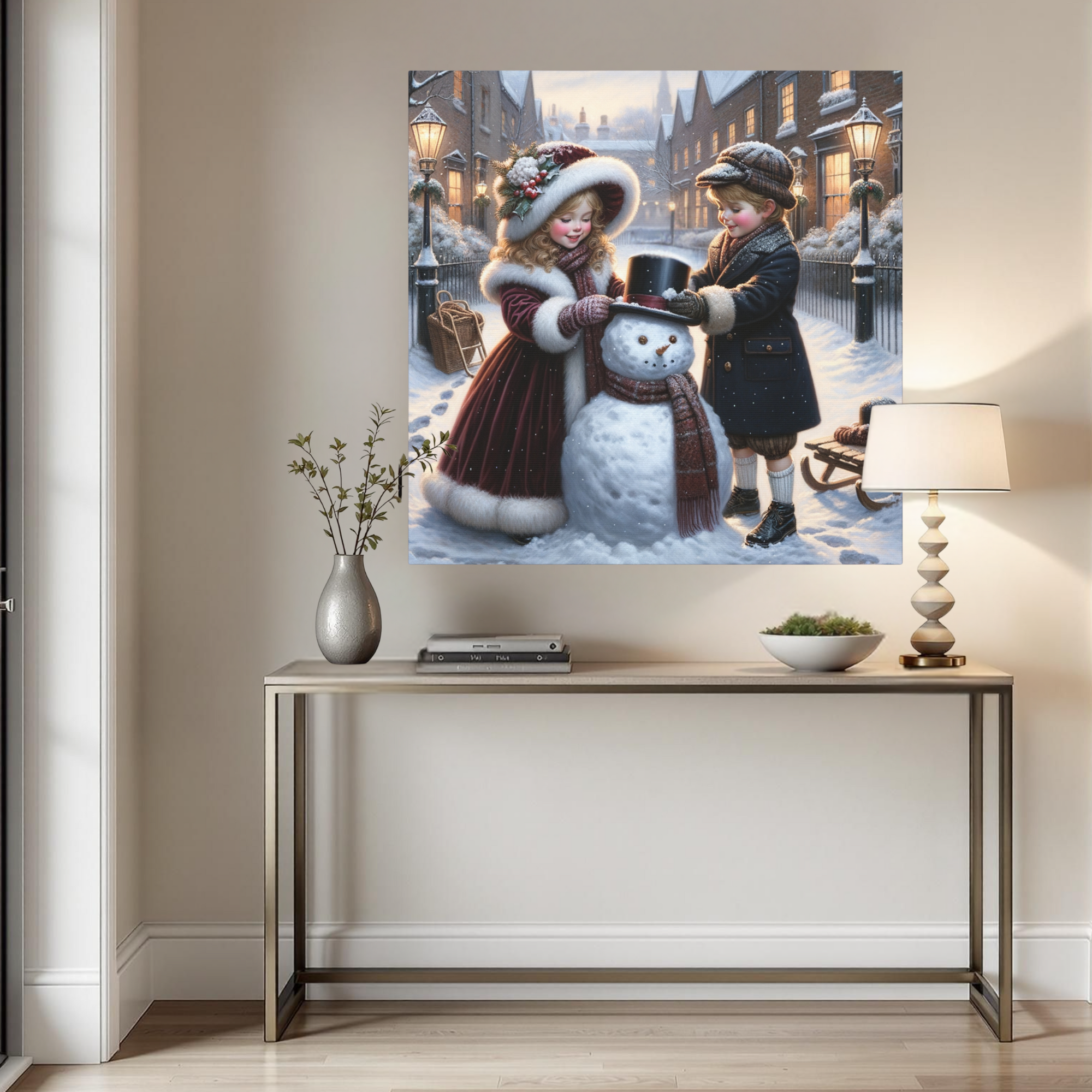 Victorian Children Building a Snowman – Vintage Winter Wall Art