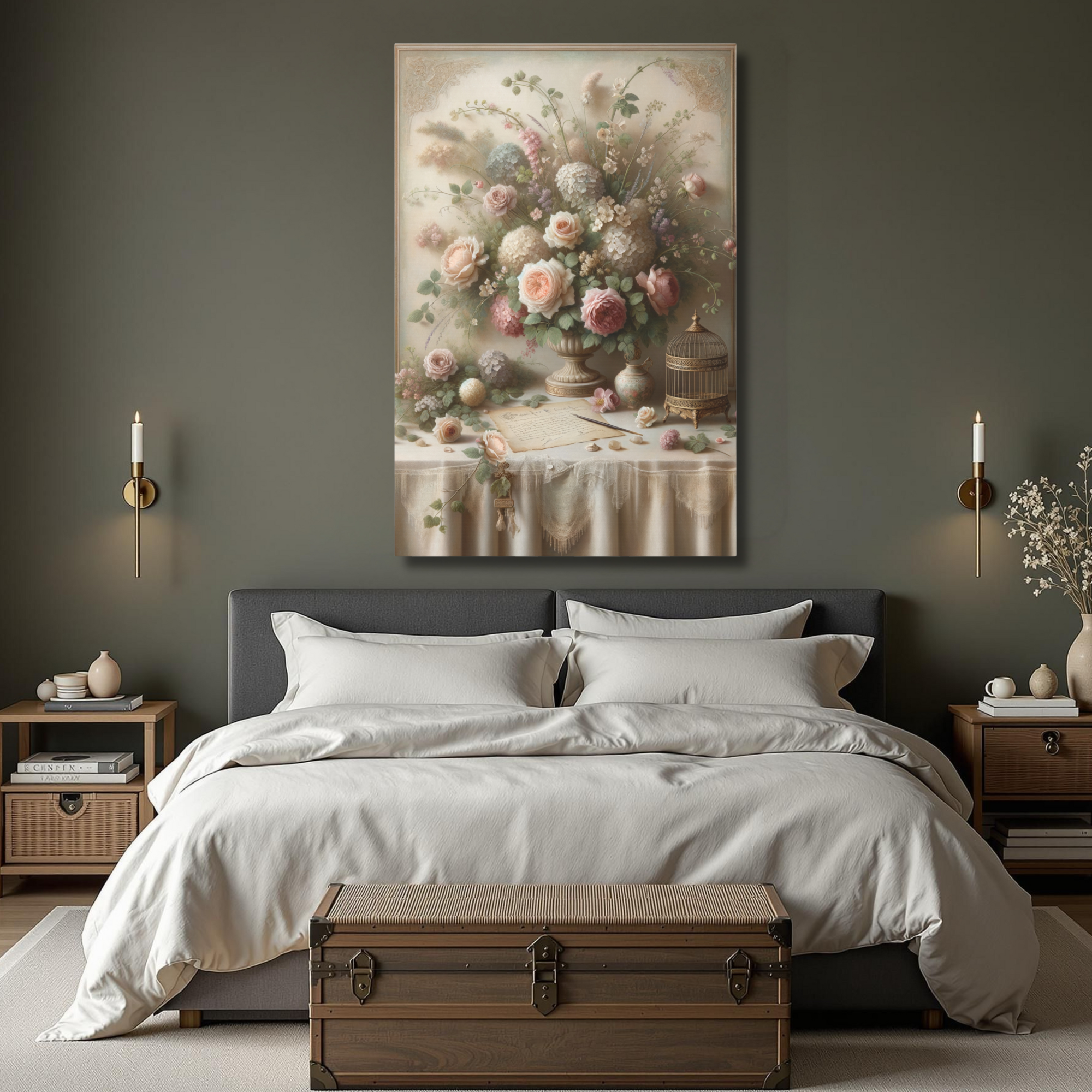 Vintage Floral Table Scene Wall Art – Romantic Victorian Flower Arrangement Print