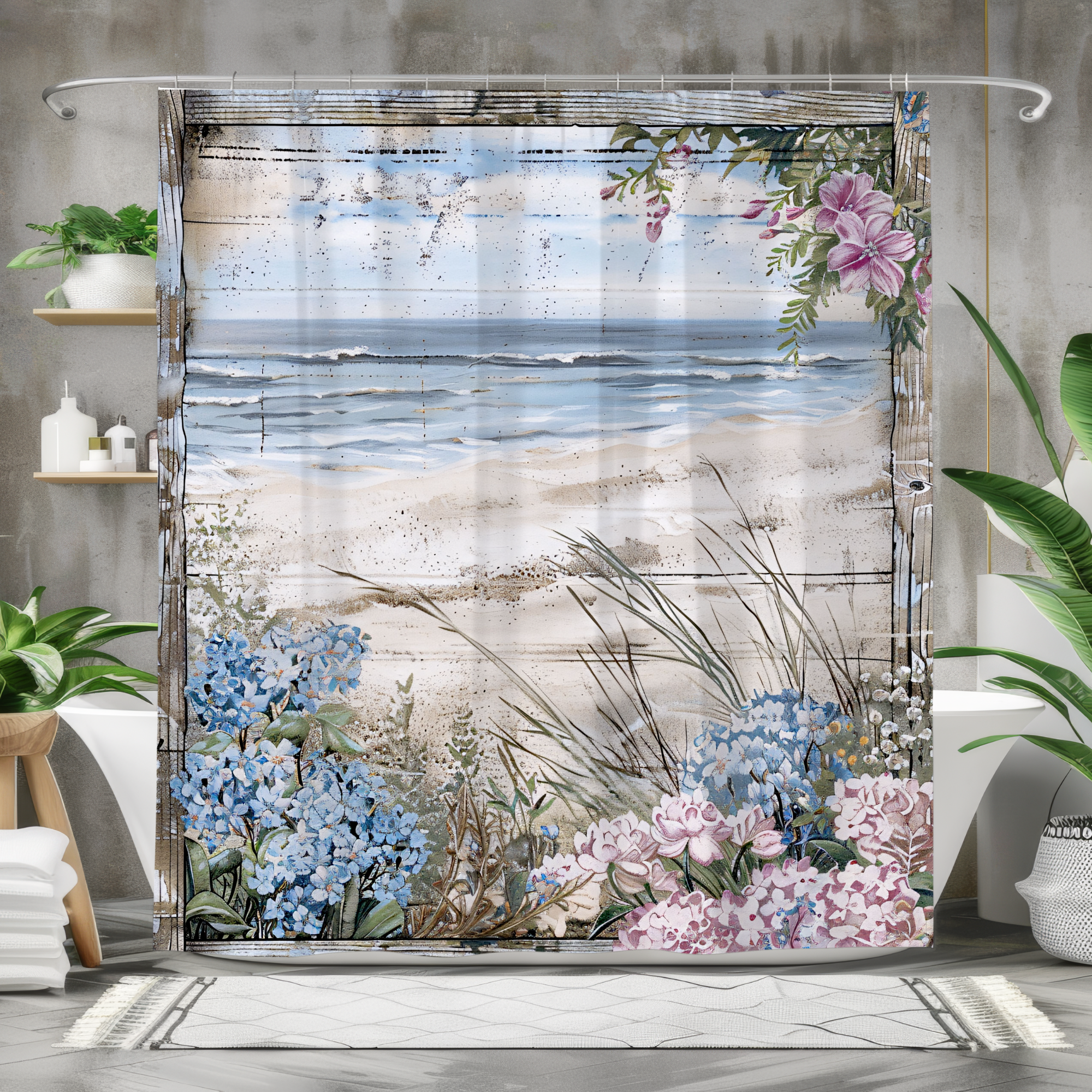 Coastal Garden View – Elegant Beach Cottage Shower Curtain