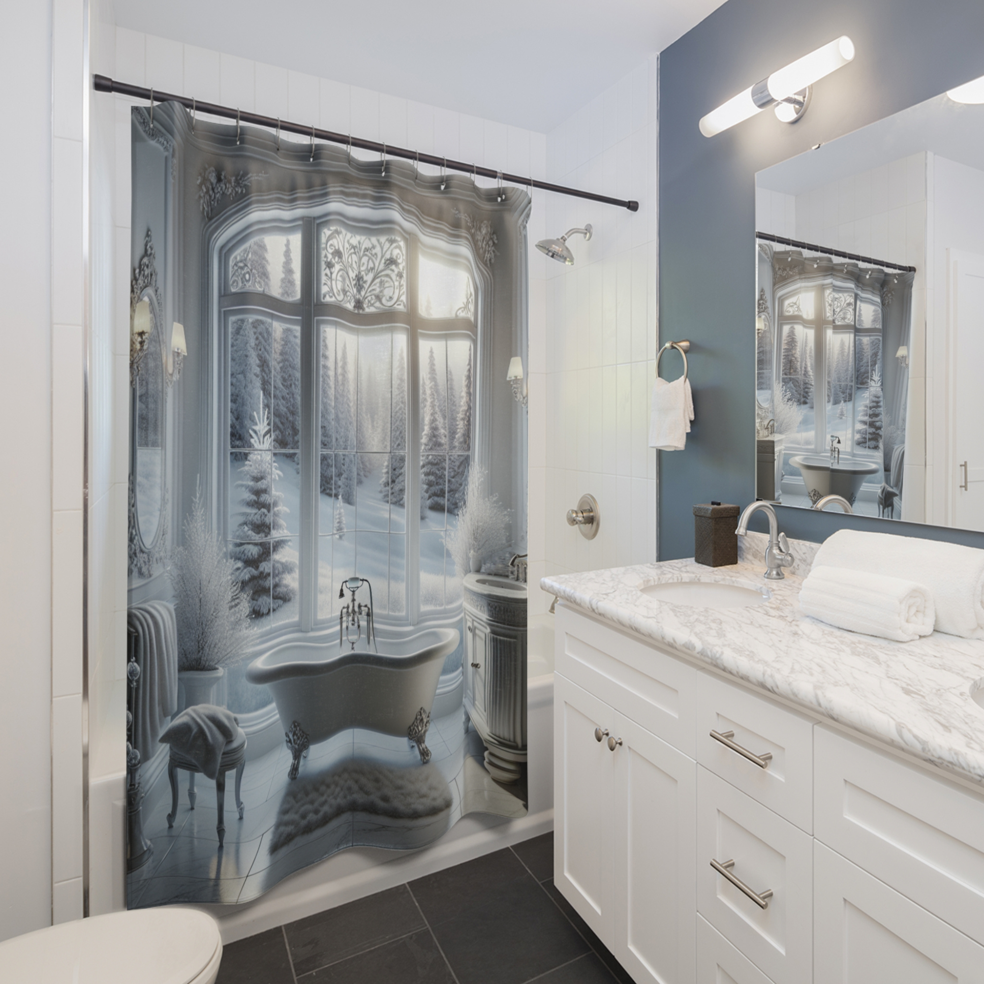 Winter Forest Bathroom – Elegant Snowy Shower Curtain
