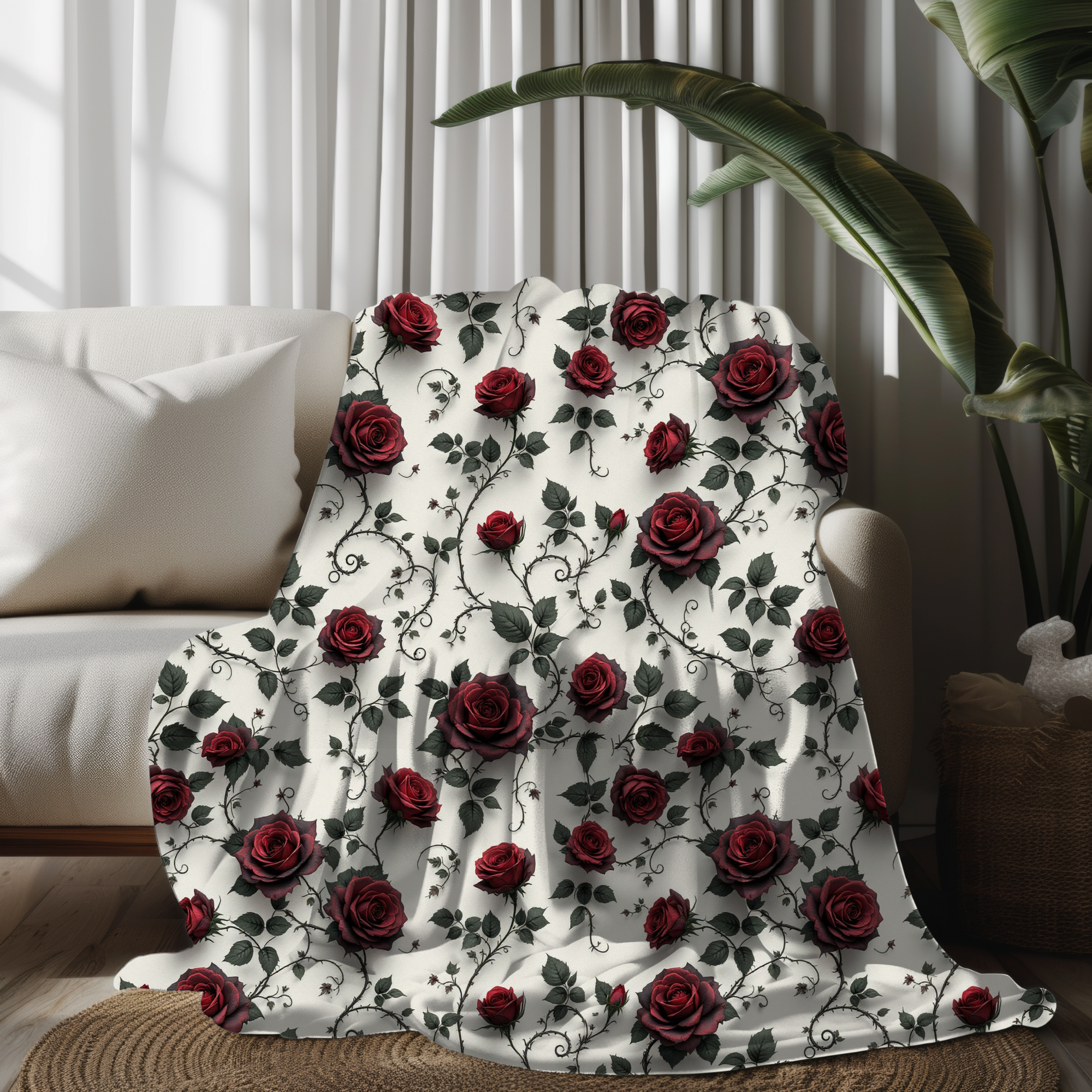 Crimson Roses on Ivory – Gothic Sherpa Blanket