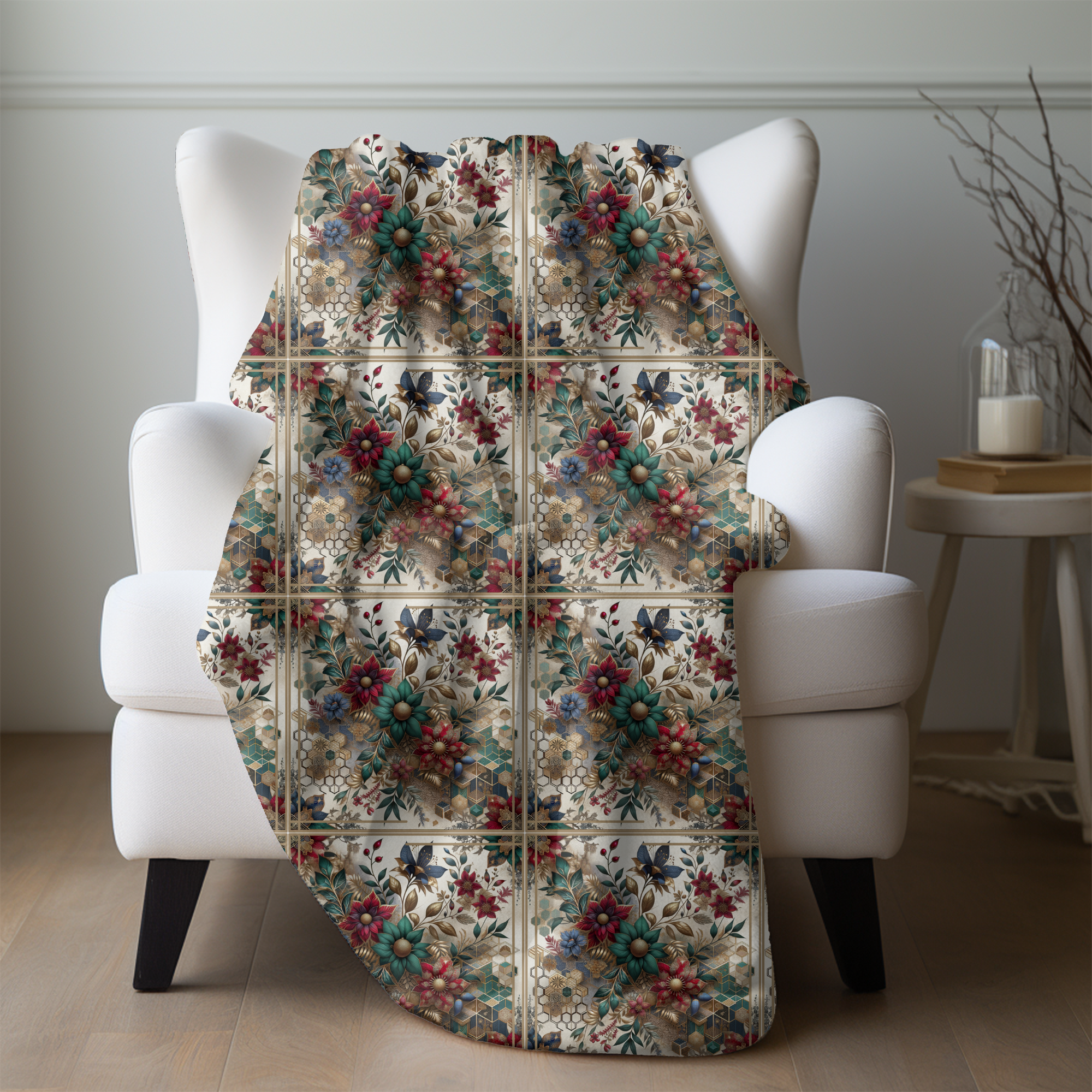 Vintage Botanical Tiles – Elegant Velveteen Blanket