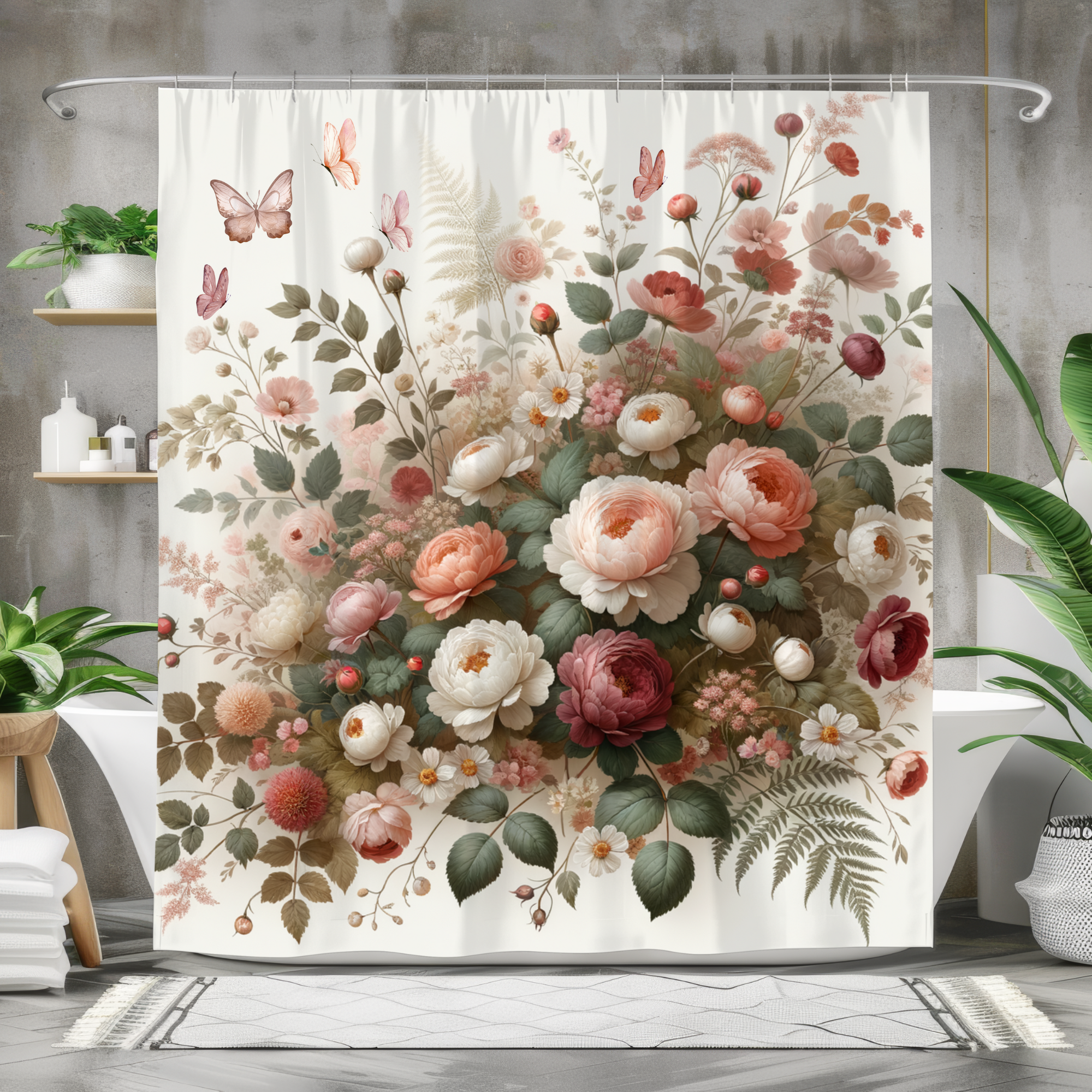 Romantic Floral Garden Shower Curtain, Vintage Botanical Bathroom Décor, Elegant Blush and Cream Peony Shower Art