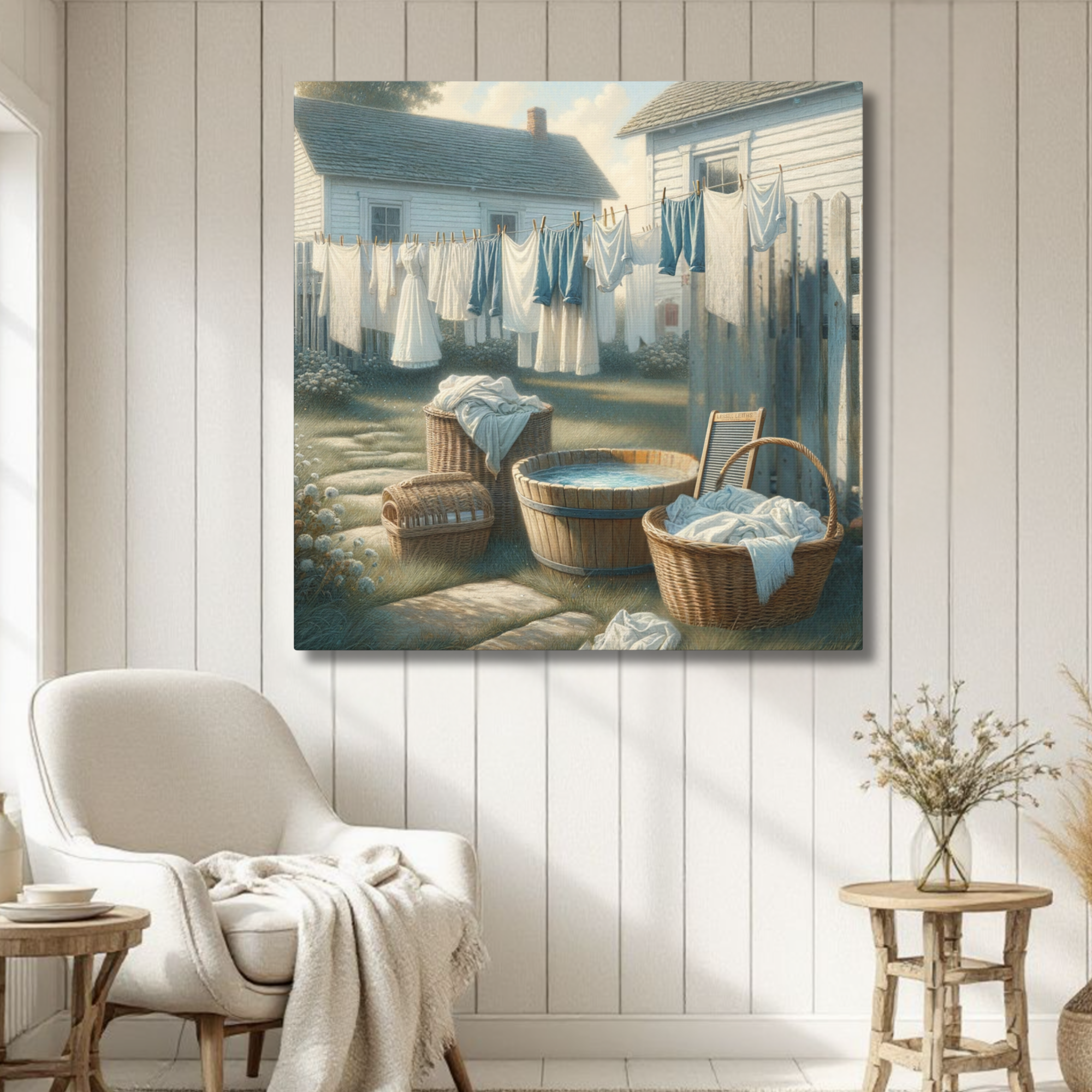 Vintage Laundry Day Wall Art – Rustic Country Cottage Scene