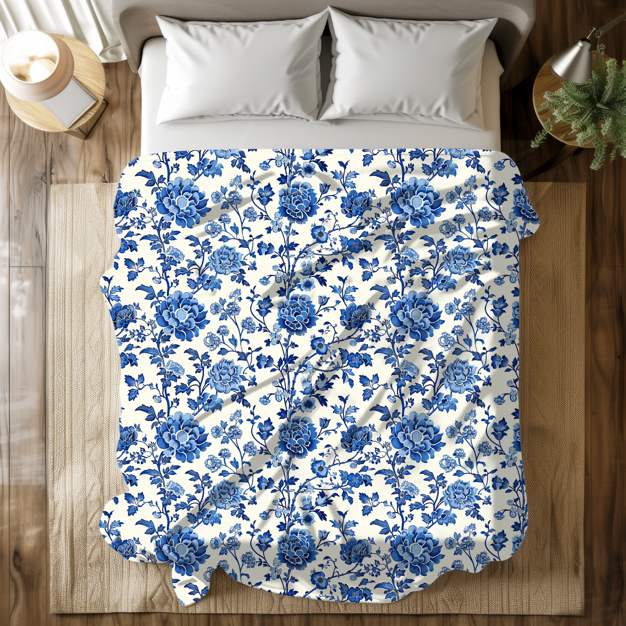Blue Garden Chinoiserie – Velveteen Floral Throw Blanket
