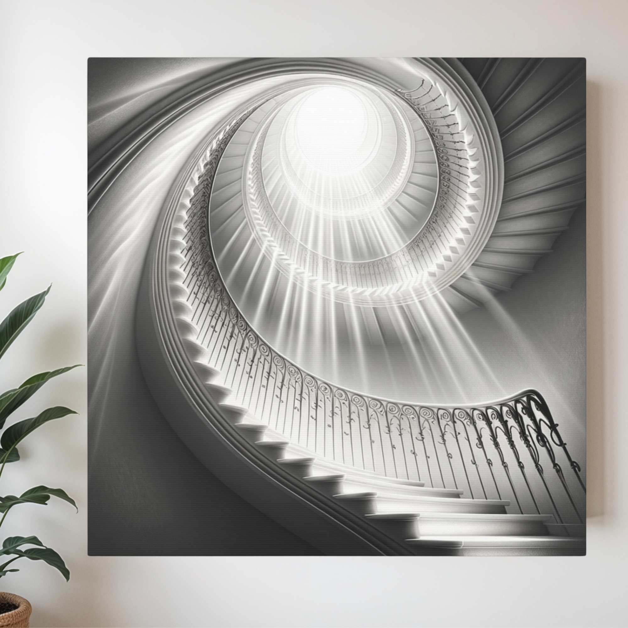 Spiral Staircase to Light – Elegant Black and White Wall Art