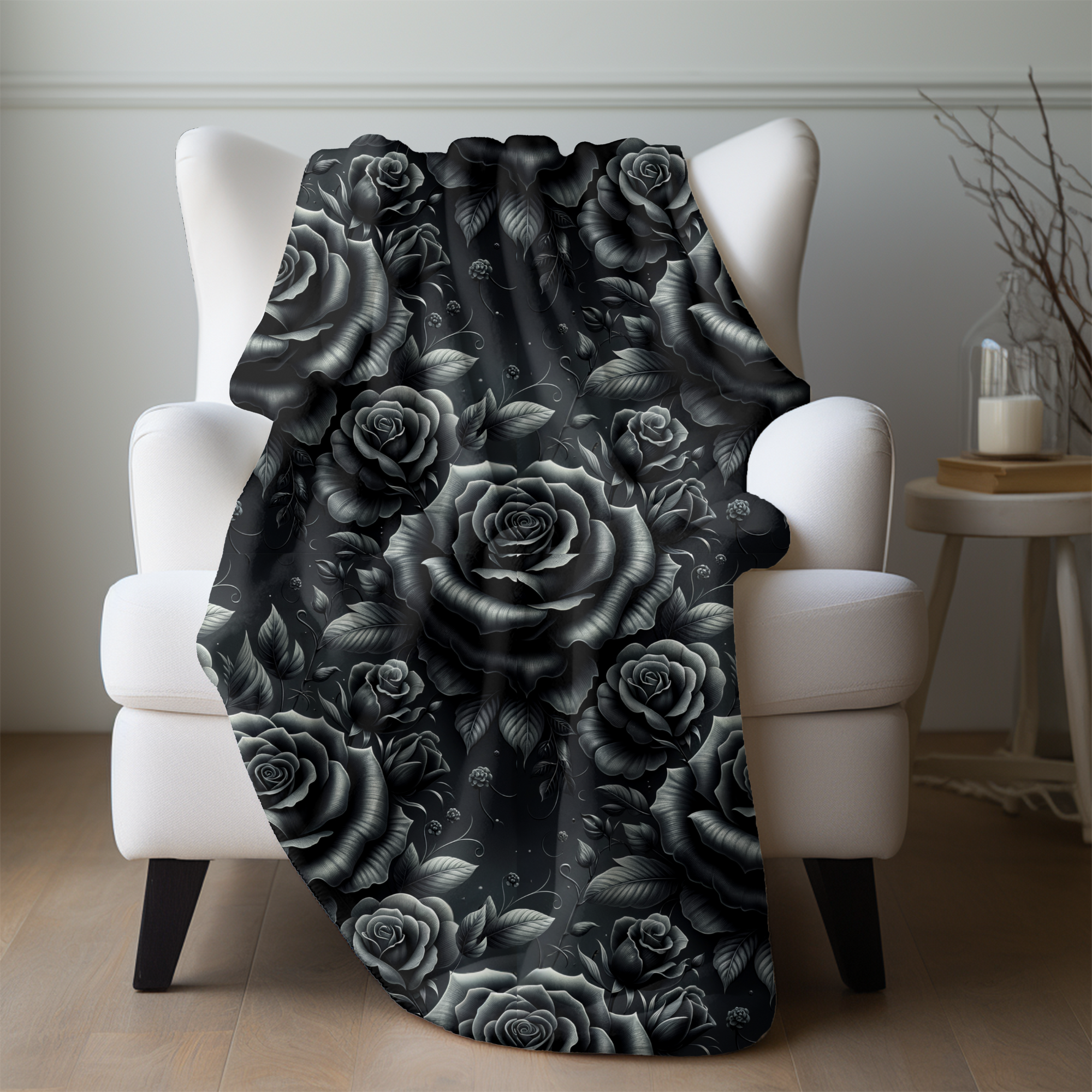 Black Roses on Midnight – Elegant Gothic Sherpa Blanket