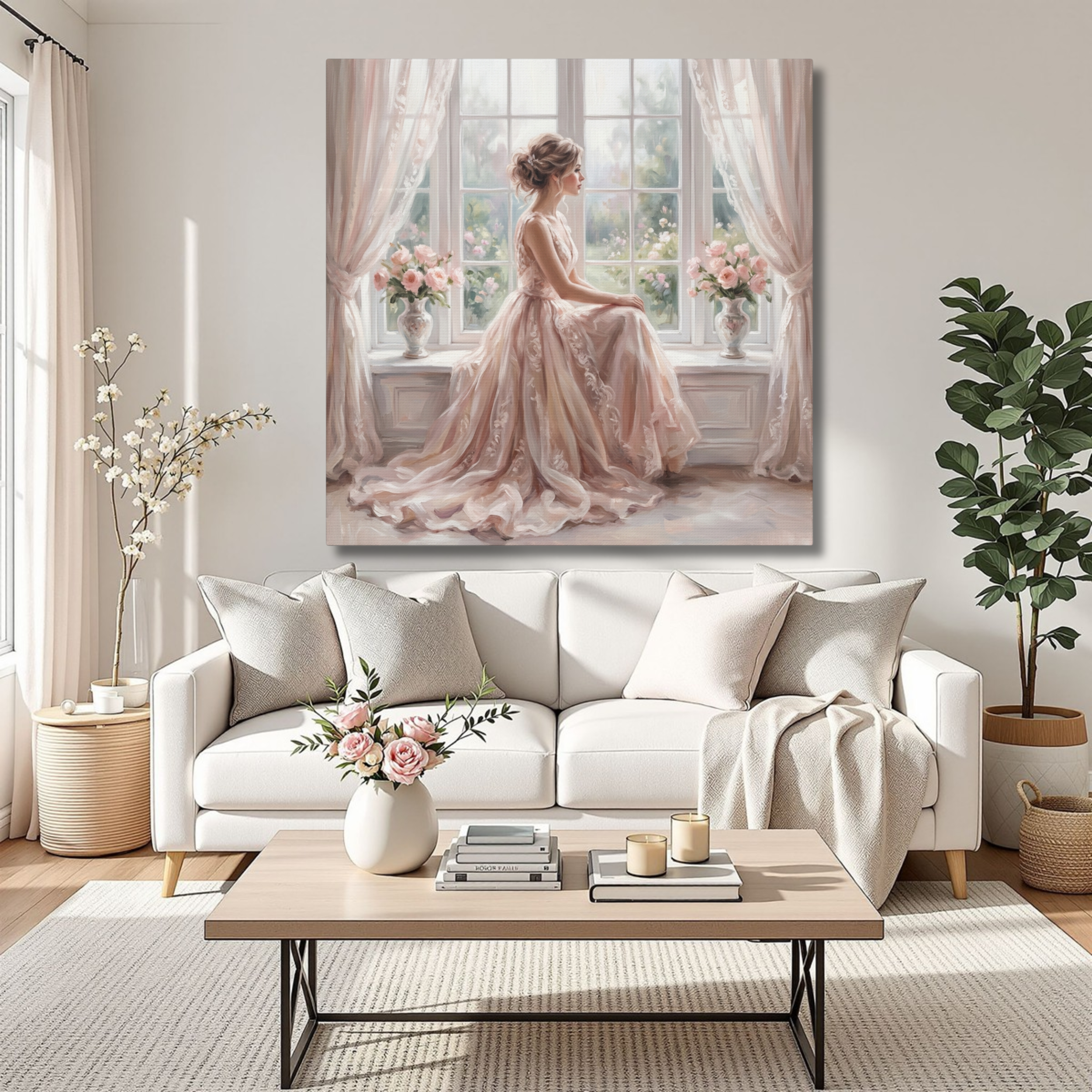 Romantic Woman in Pink Dress Window Scene Wall Art