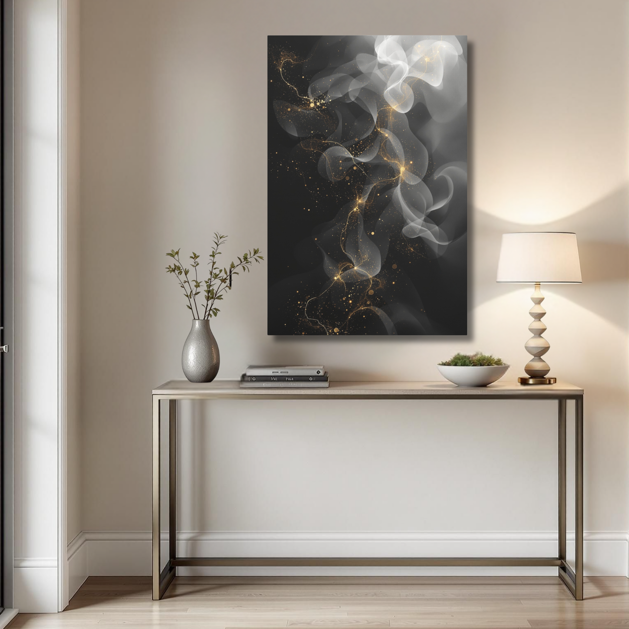 Smoke and Gold Abstract Wall Art – Ethereal Gothic Canvas Décor