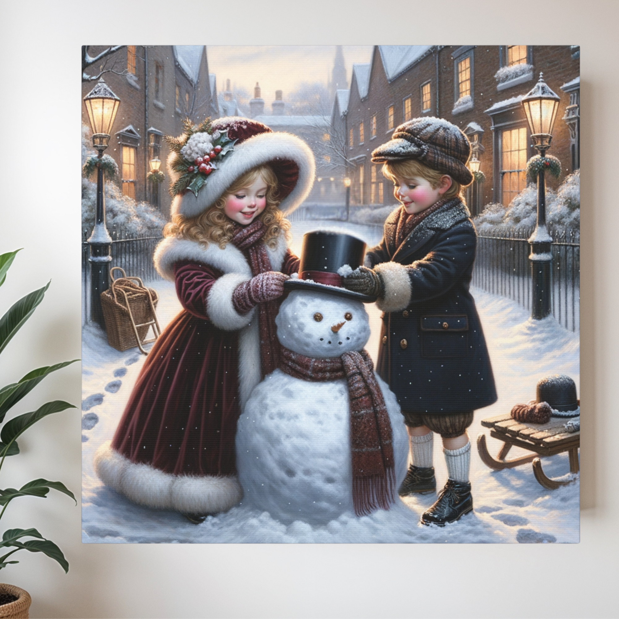 Victorian Children Building a Snowman – Vintage Winter Wall Art