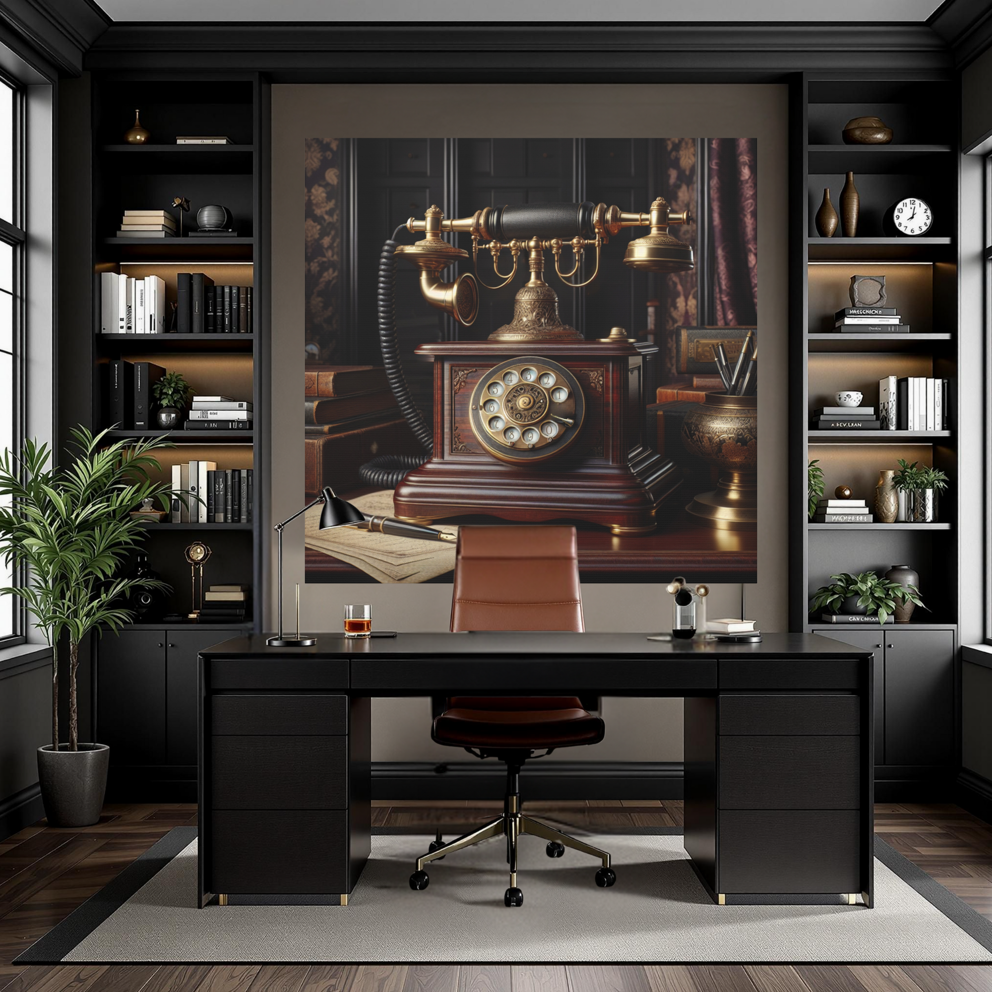 Antique Mahogany Telephone in Gentleman’s Study – Vintage Office Wall Art