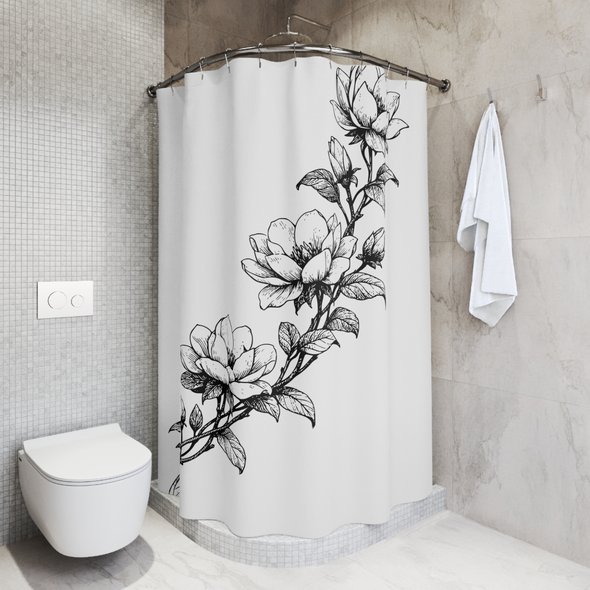 Black White Floral Shower Curtain Minimal Botanical
