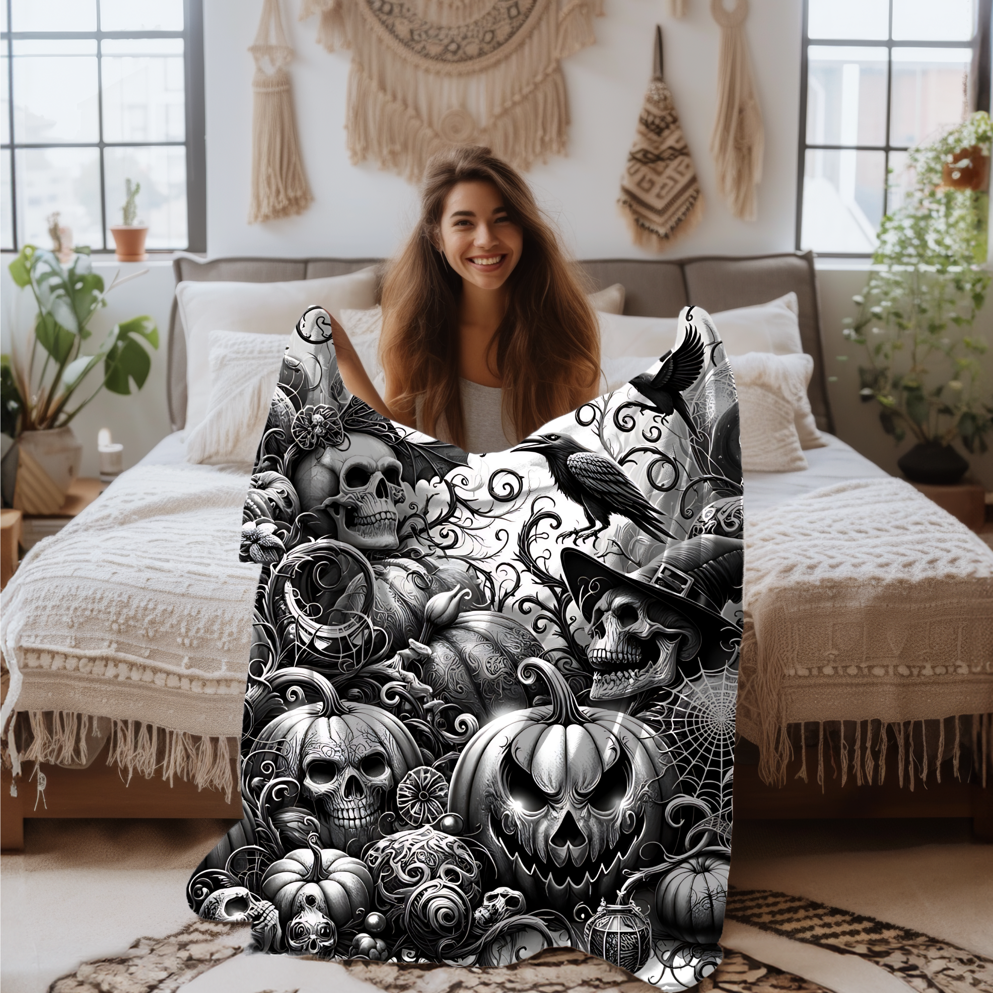 Gothic Pumpkins and Skulls – Halloween Velveteen Blanket