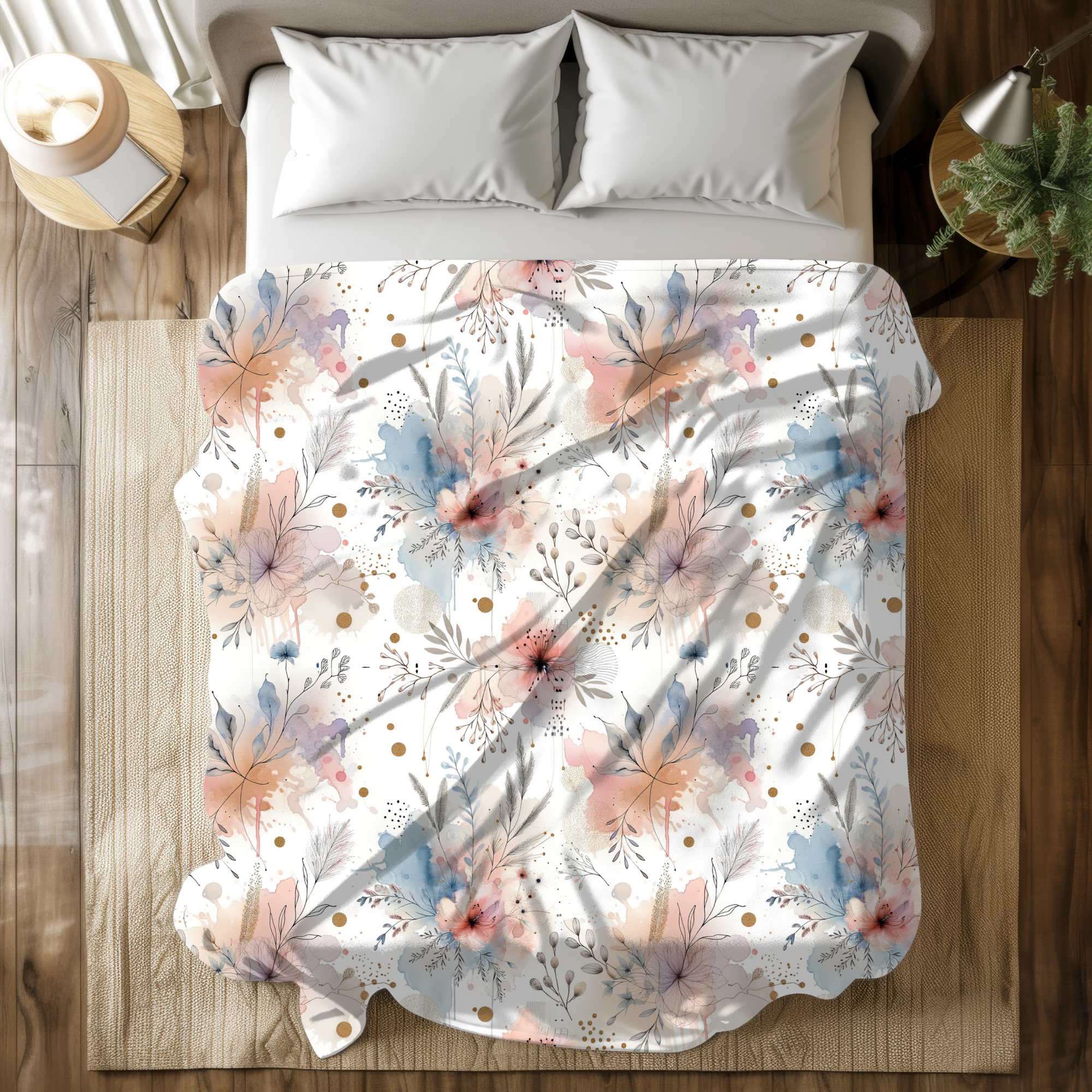 Watercolor Blush and Blue Petals – Soft Floral Duvet Cover