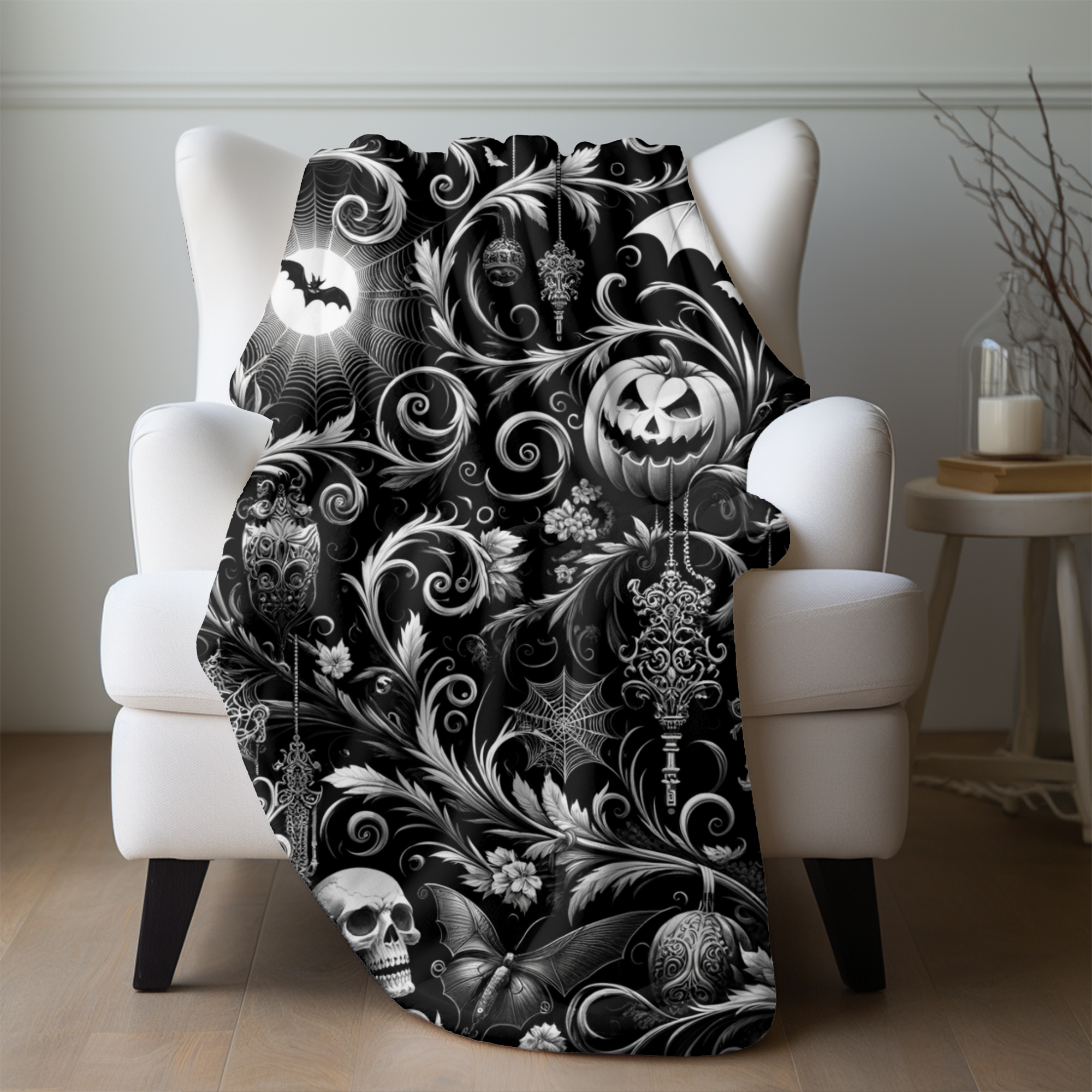 Gothic Halloween Scrollwork – Black and White Velveteen Blanket