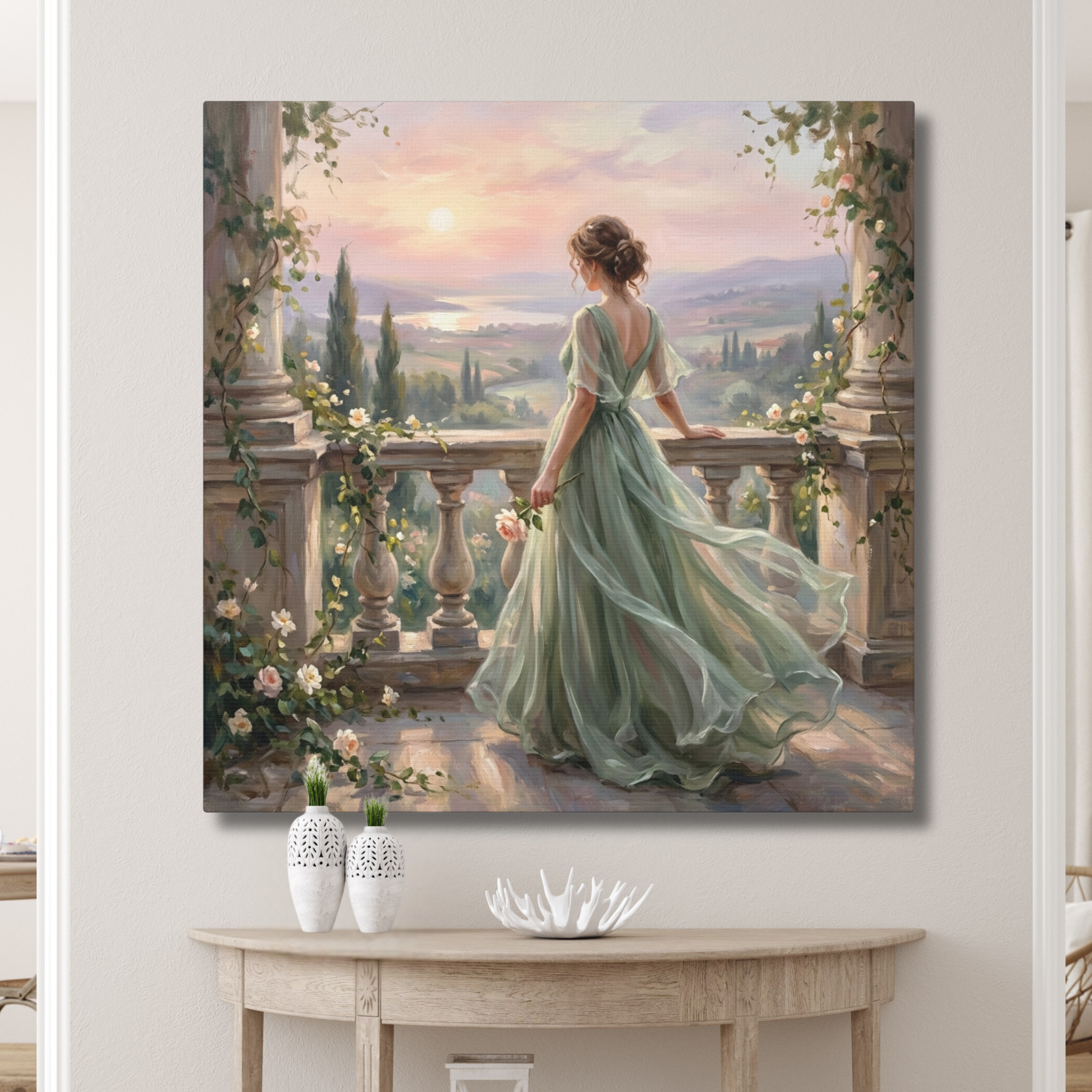 Romantic Balcony Sunset With Flowing Dress