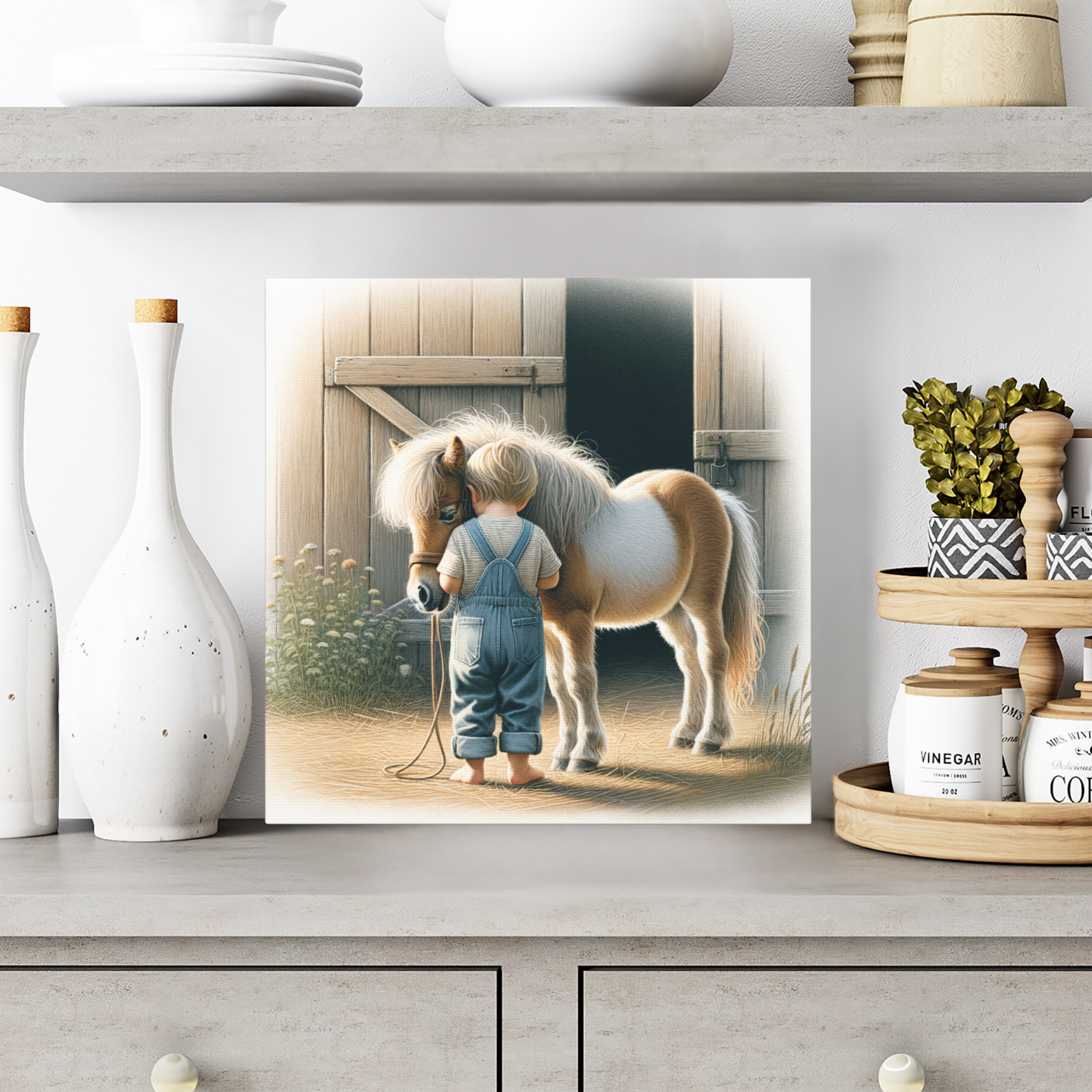 Little Boy with Pony – Rustic Farmhouse Wall Art