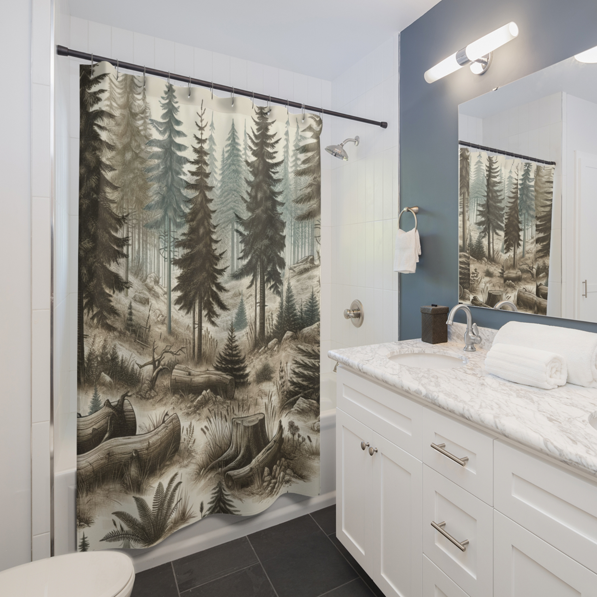 Hand-Drawn Forest Scene – Woodland Lodge Shower Curtain
