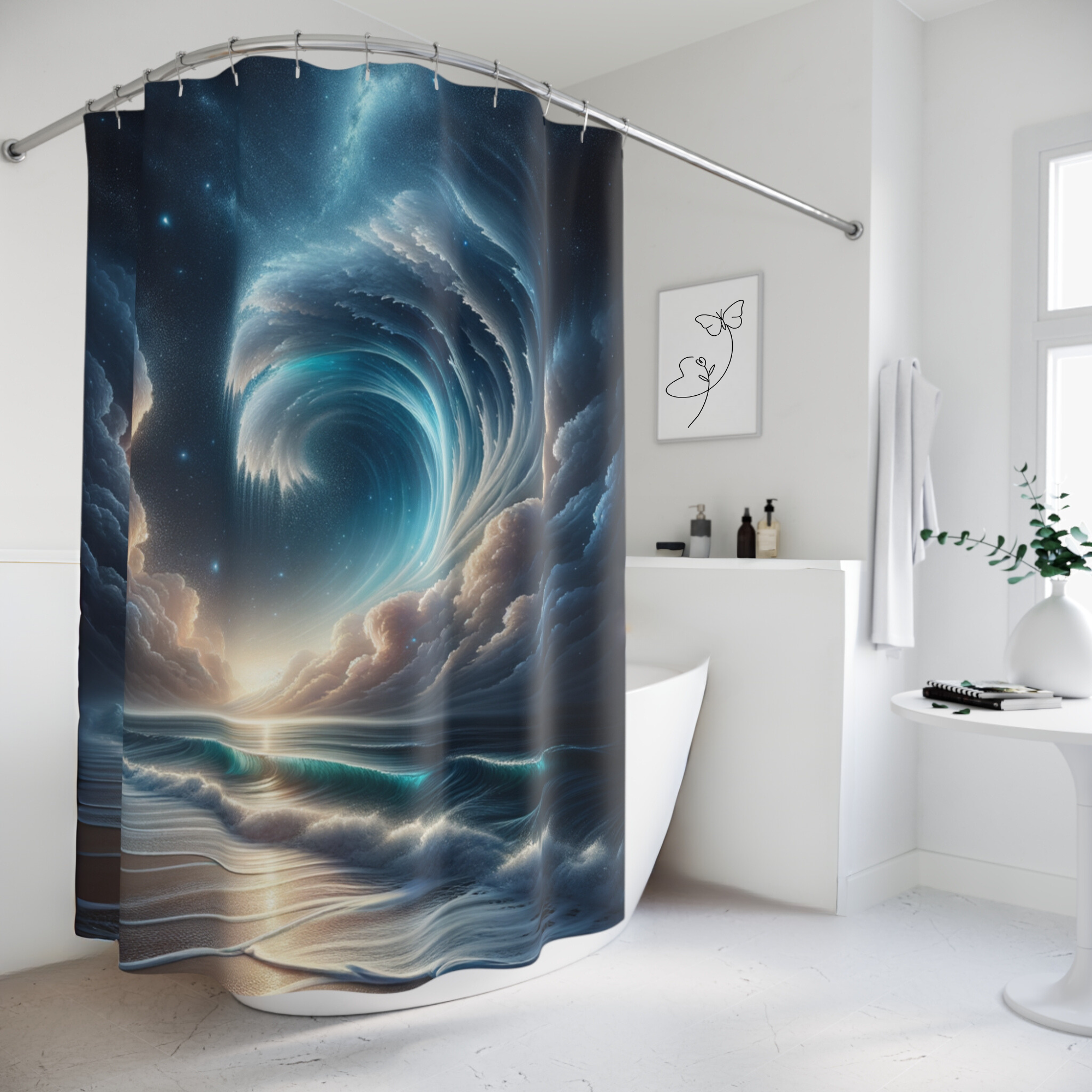 Celestial Ocean Wave – Elegant Cosmic Shower Curtain