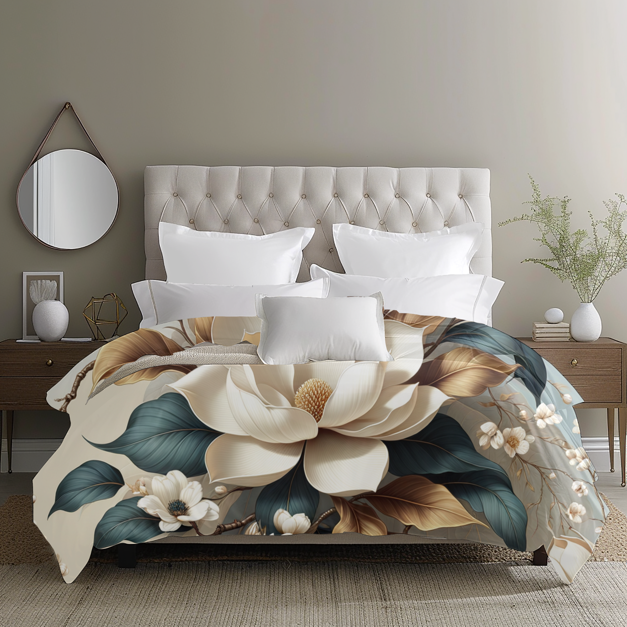 Ivory Magnolia Floral Duvet Cover – Elegant Blue and Gold Botanical Bedding