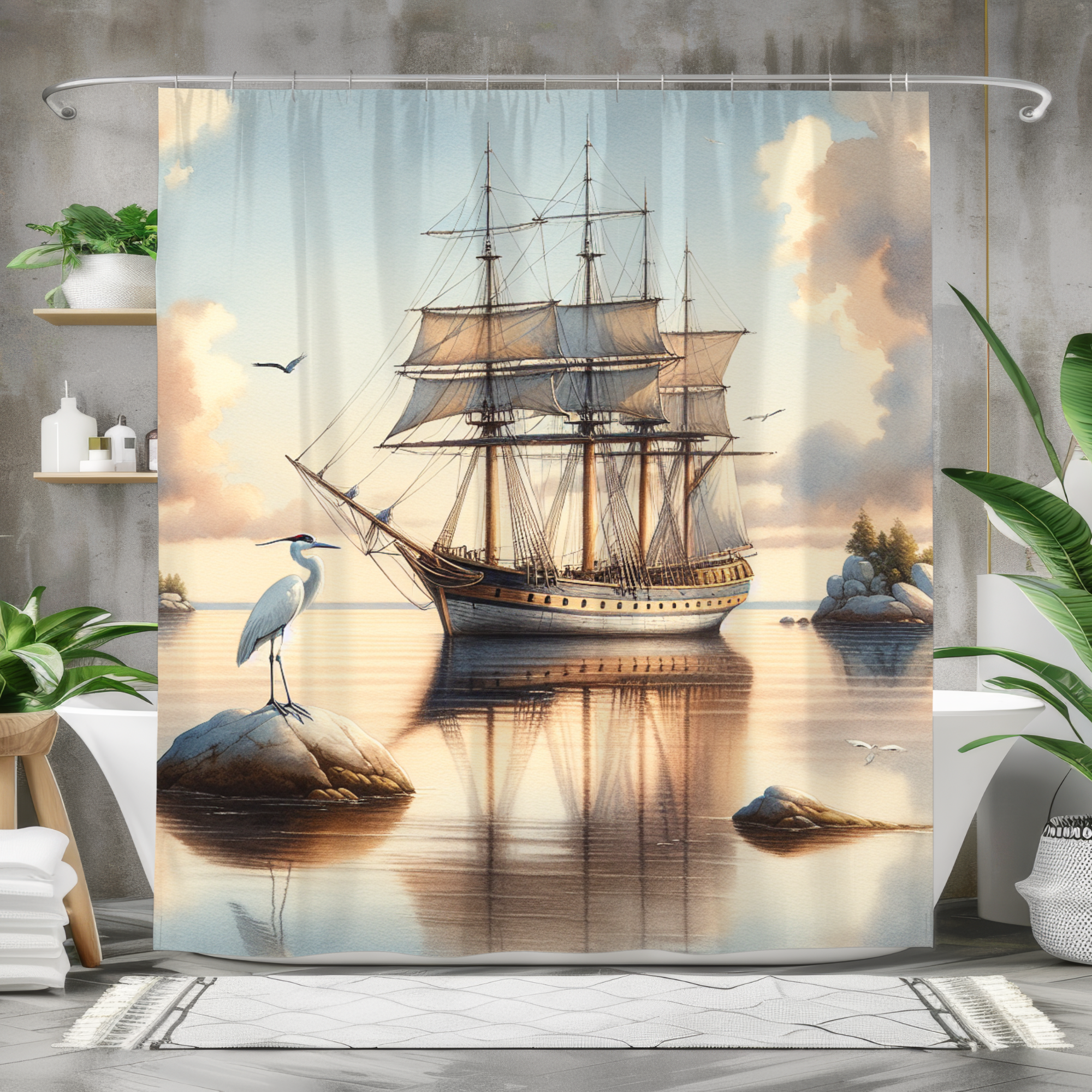 Romantic Sailing Ship and Heron – Nautical Watercolor Shower Curtain