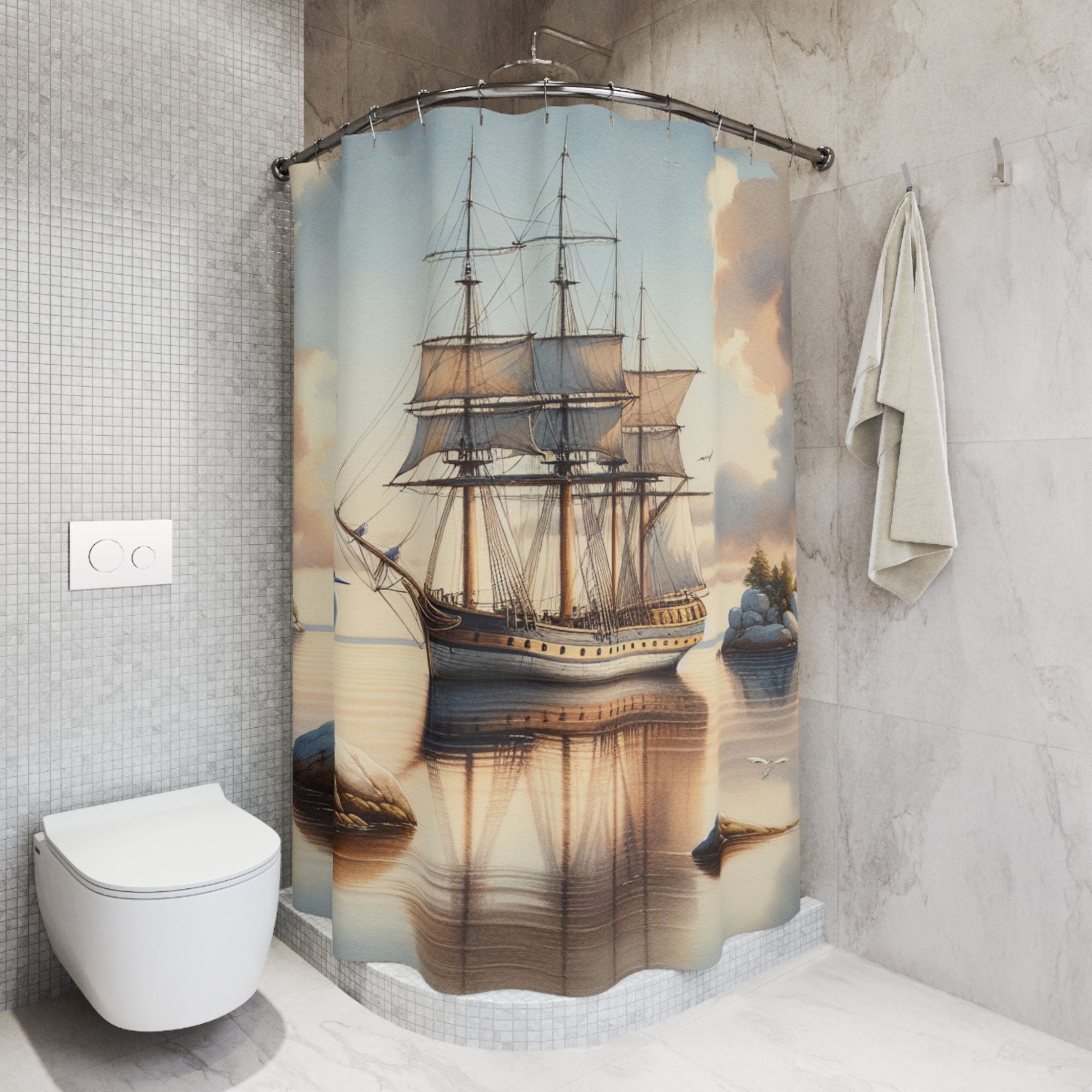 Romantic Sailing Ship and Heron – Nautical Watercolor Shower Curtain