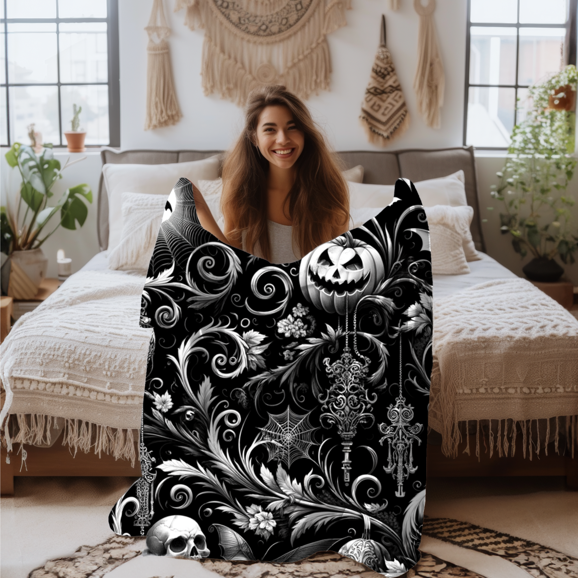 Gothic Halloween Scrollwork – Black and White Velveteen Blanket
