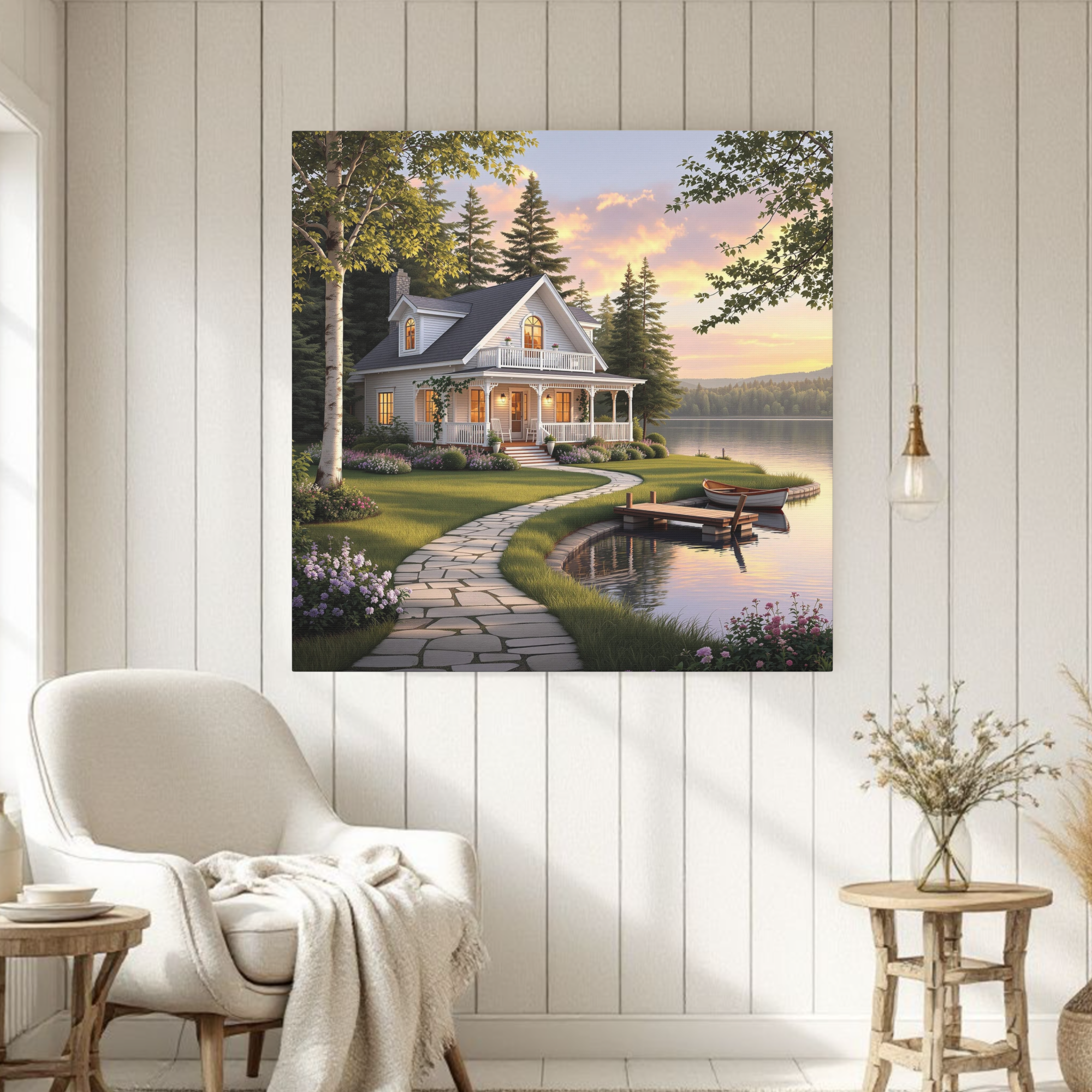 Cozy White Cottage at Lakeside – Romantic Lake House Wall Art