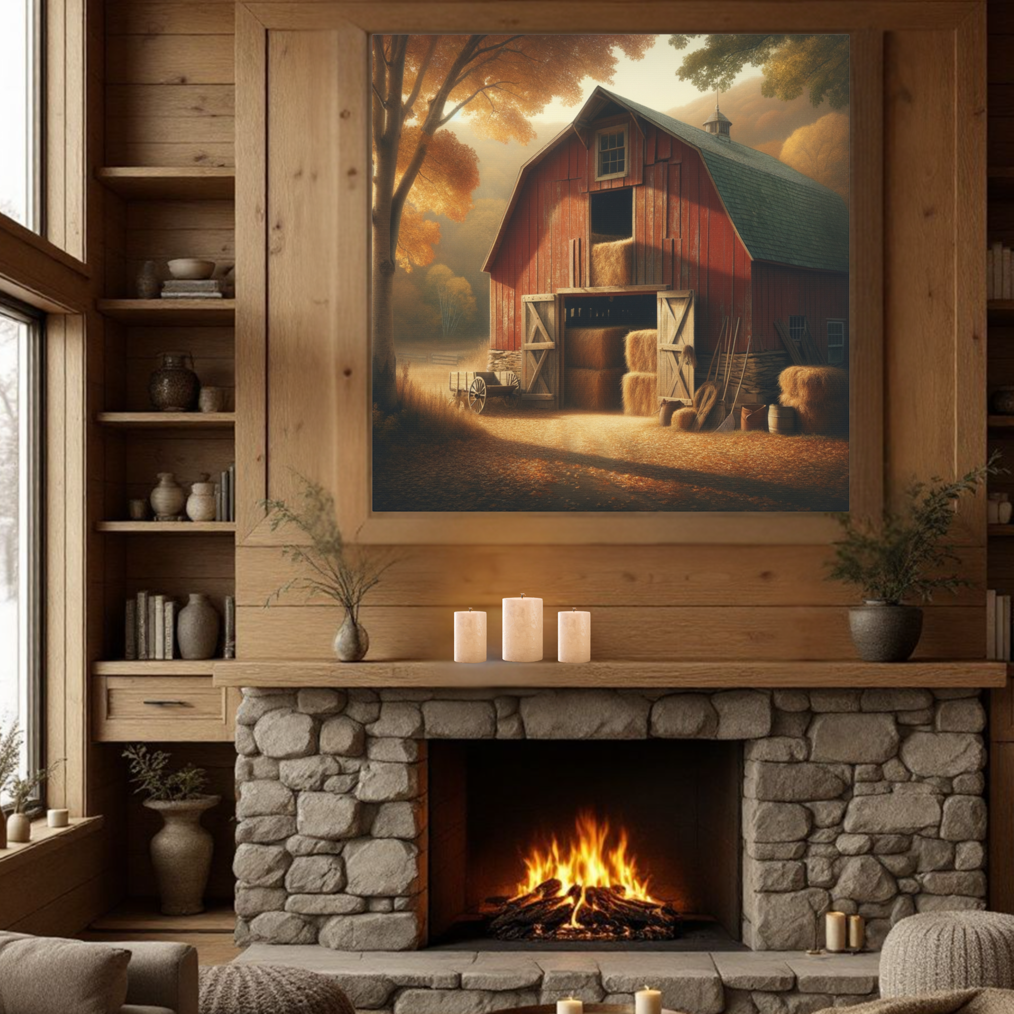 Rustic Red Barn in Autumn Light – Harvest Farm Wall Art