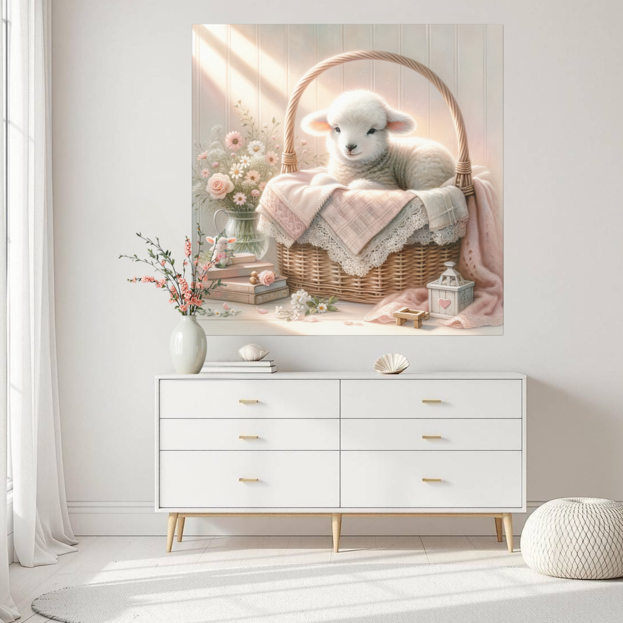 Sweet Baby Lamb in Pink Basket – Pink Nursery Wall Art