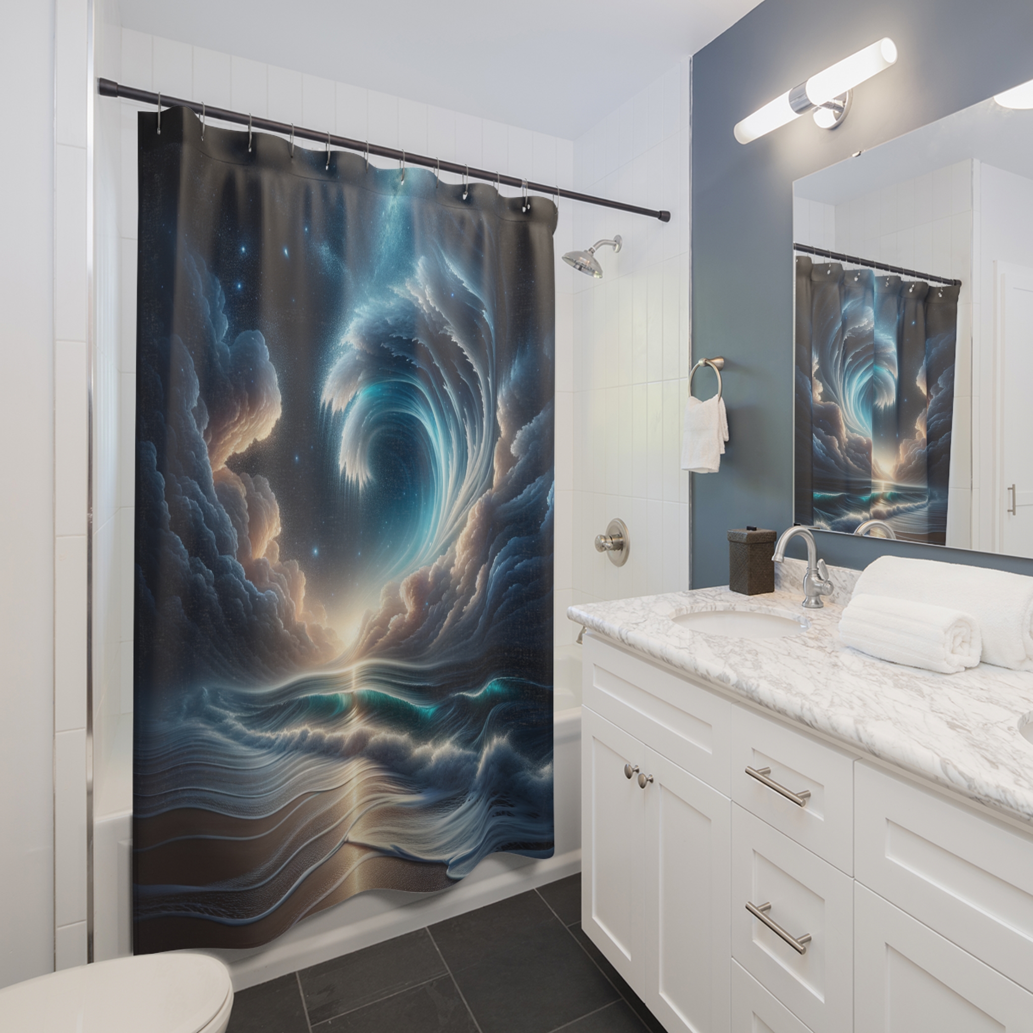 Celestial Ocean Wave – Elegant Cosmic Shower Curtain