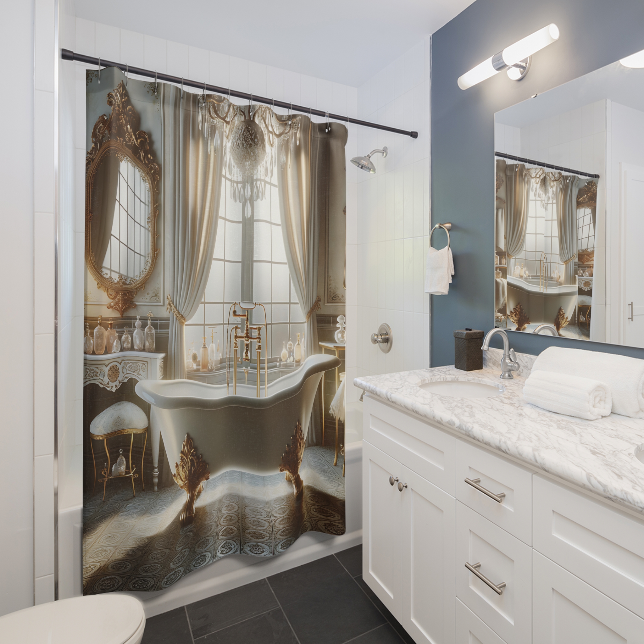 Golden Vanity Bathroom – Elegant Vintage Shower Curtain
