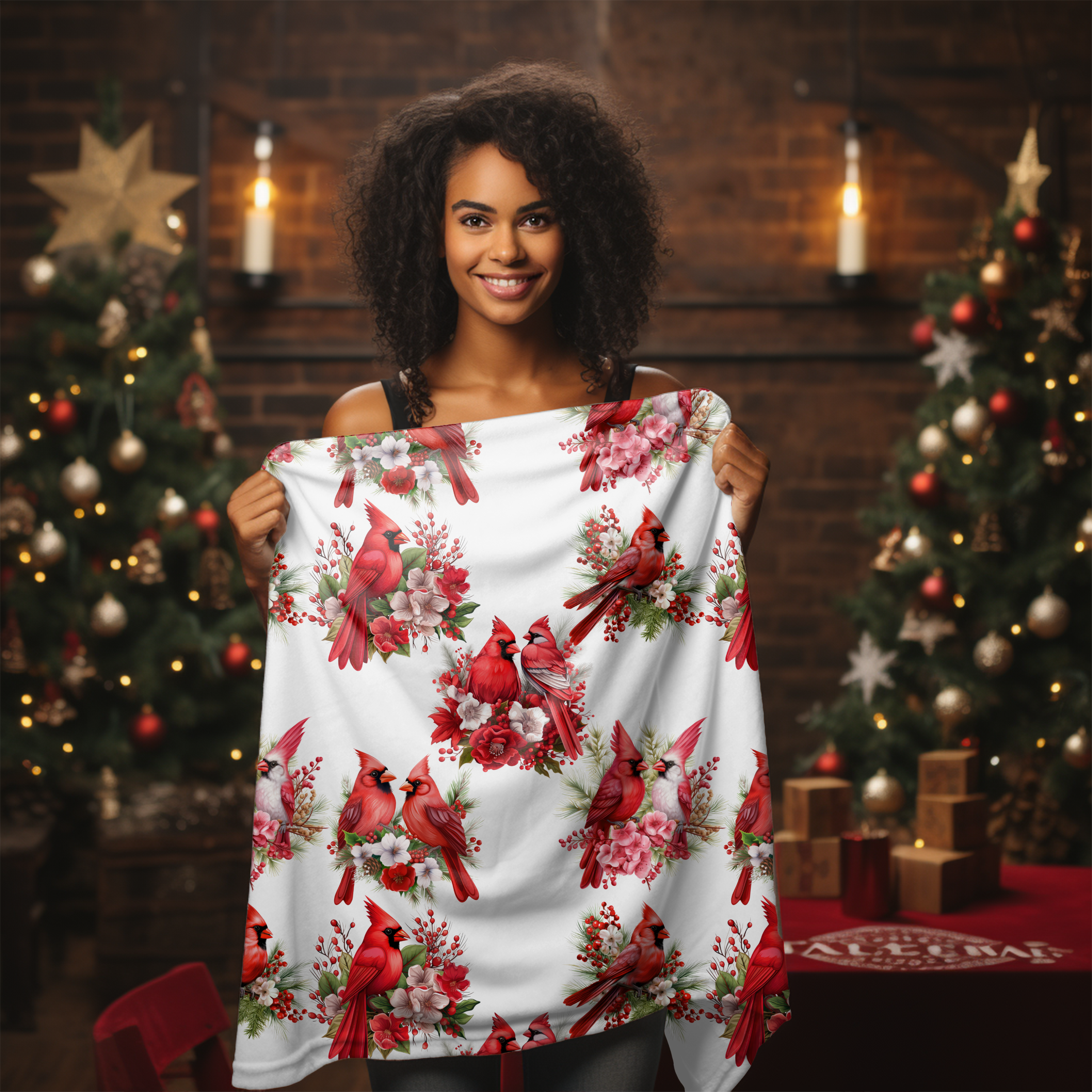 Winter Cardinals in Bloom – Cozy Velveteen Throw Blanket