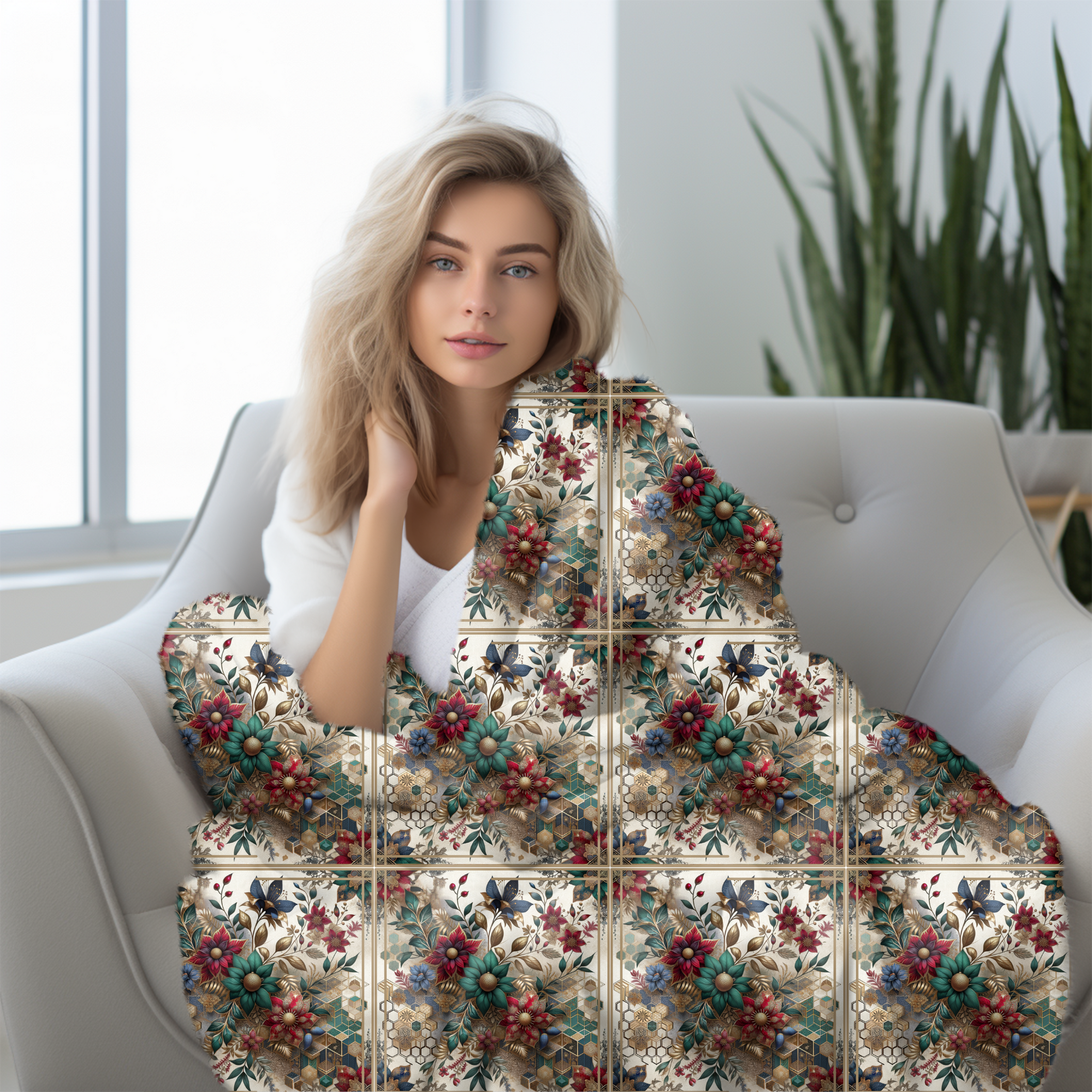 Vintage Botanical Tiles – Elegant Velveteen Blanket