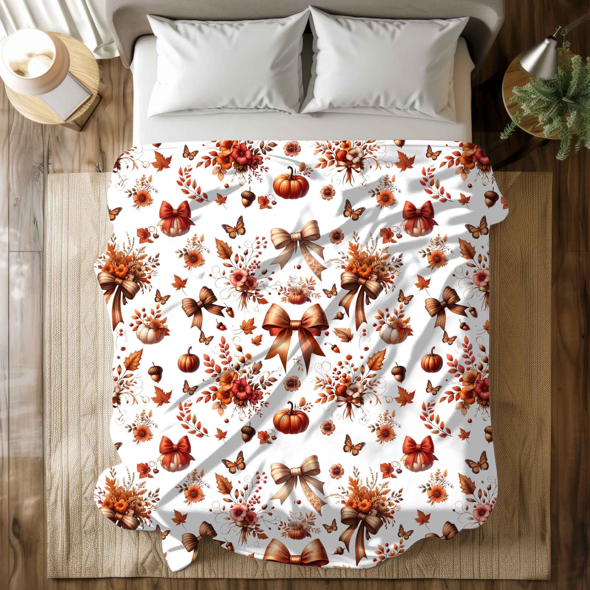 Autumn Ribbon and Pumpkin Garden – Fall Velveteen Blanket